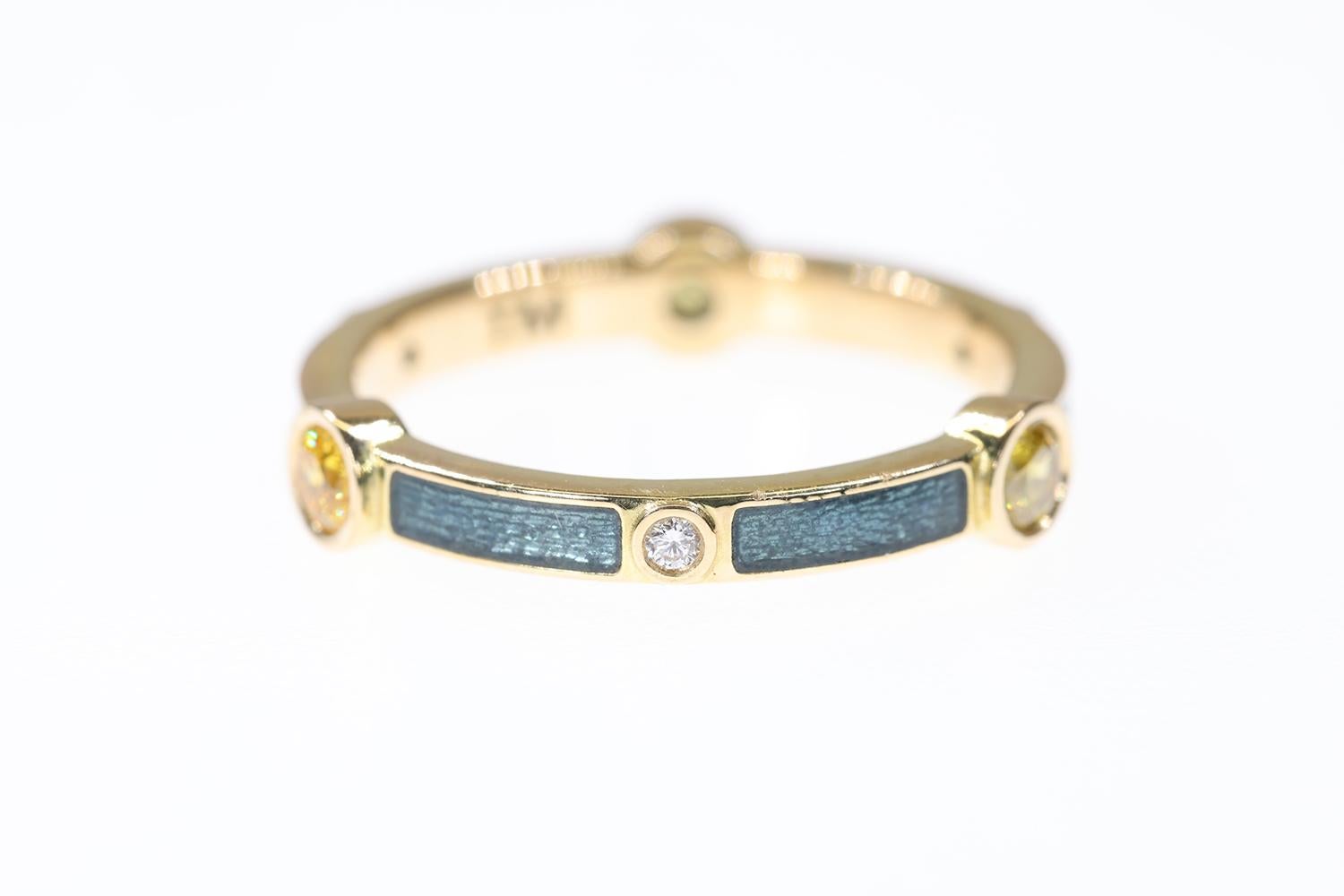 Modern Yellow Sapphire & Diamond 18K Yellow Gold Stackable Ring in Thompson Blue Enamel For Sale