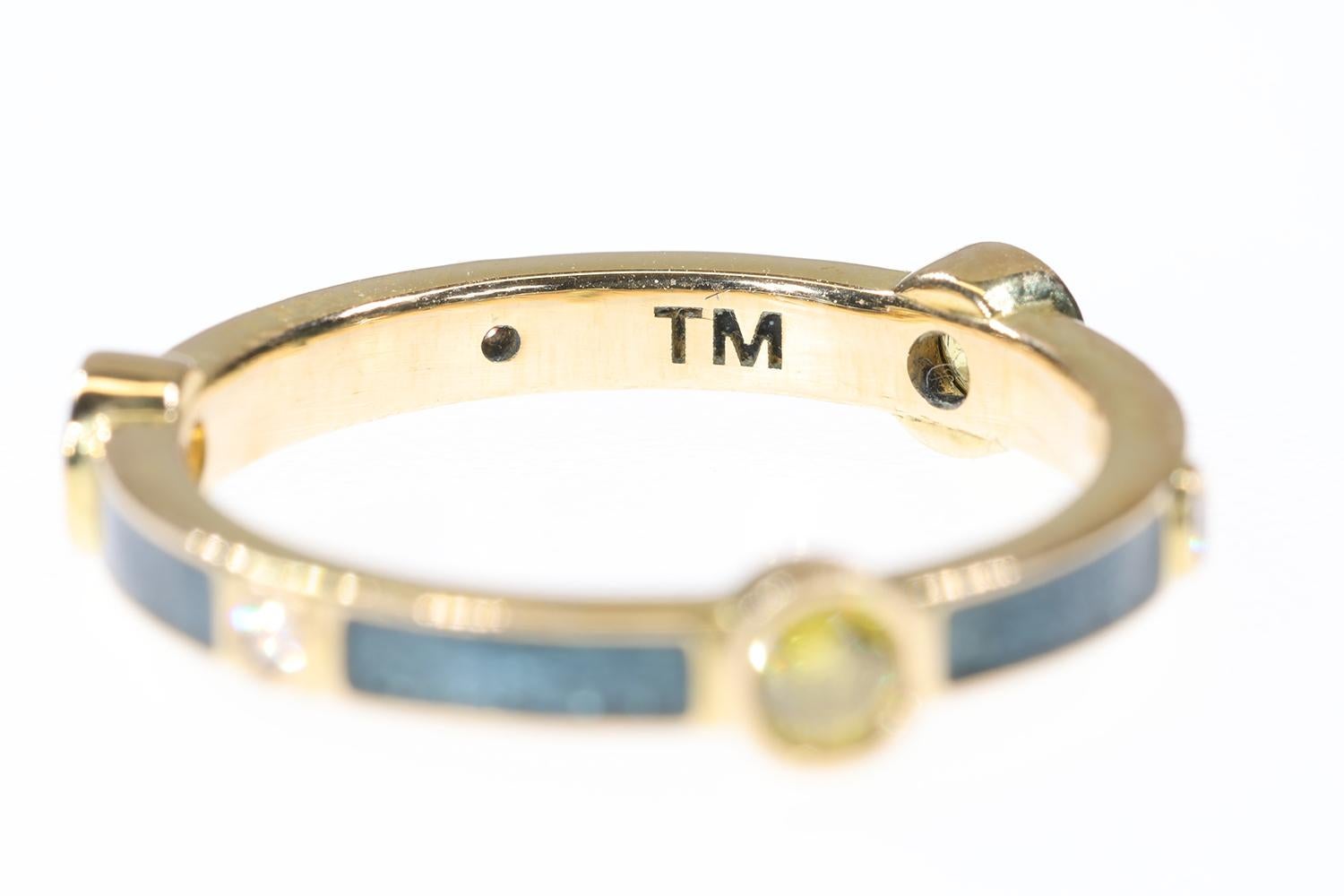 Yellow Sapphire & Diamond 18K Yellow Gold Stackable Ring in Thompson Blue Enamel For Sale 1