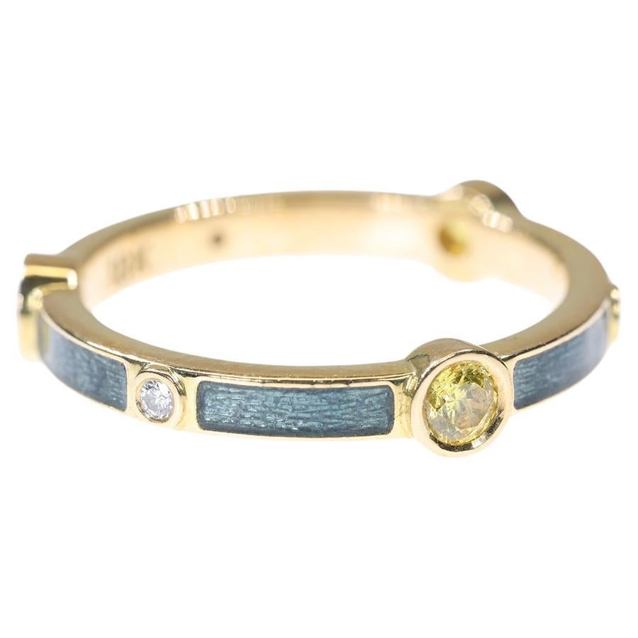 Yellow Sapphire & Diamond 18K Yellow Gold Stackable Ring in Thompson Blue Enamel For Sale