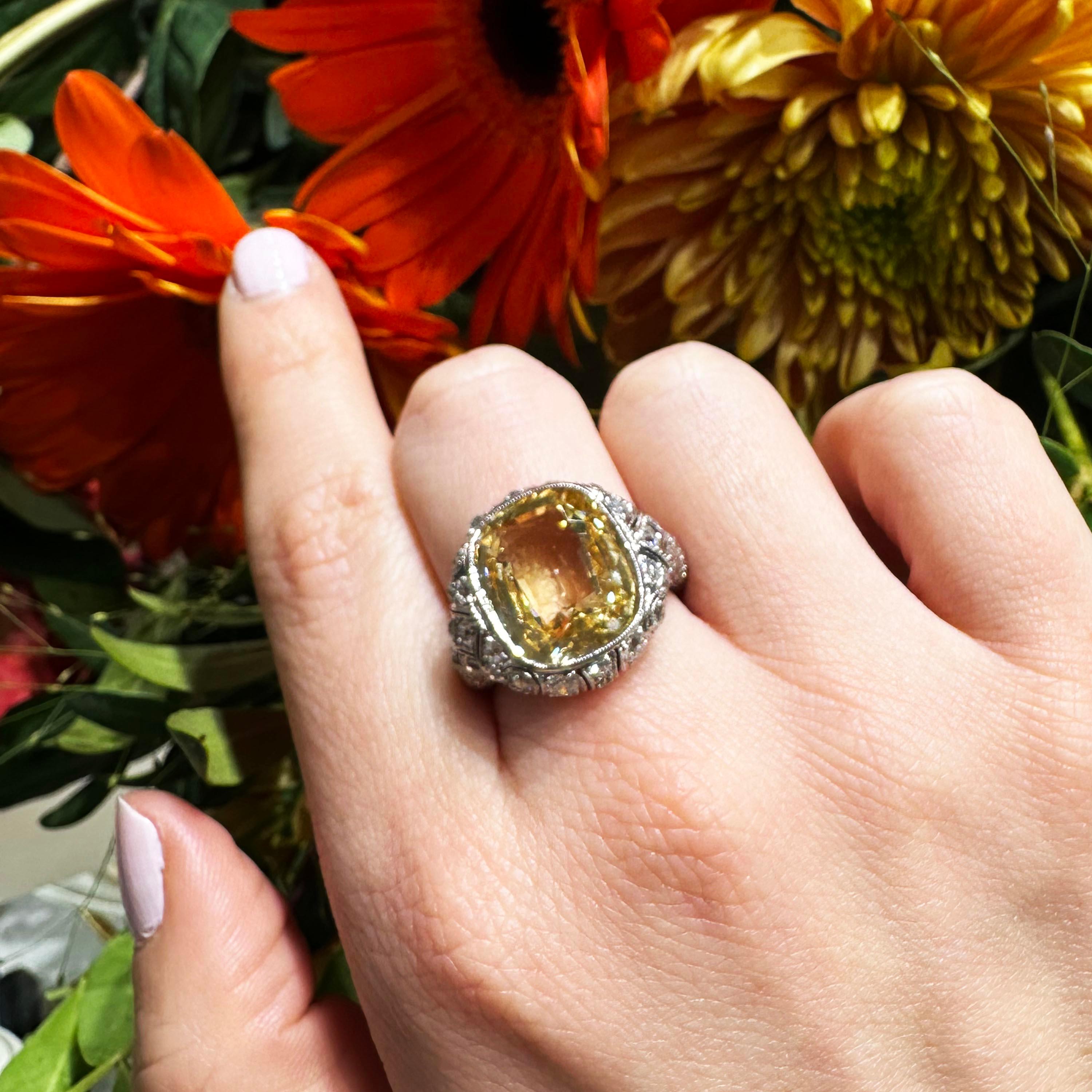 Edwardian Yellow Sapphire, Diamond And Platinum Dress Ring, 13.20 Carats For Sale