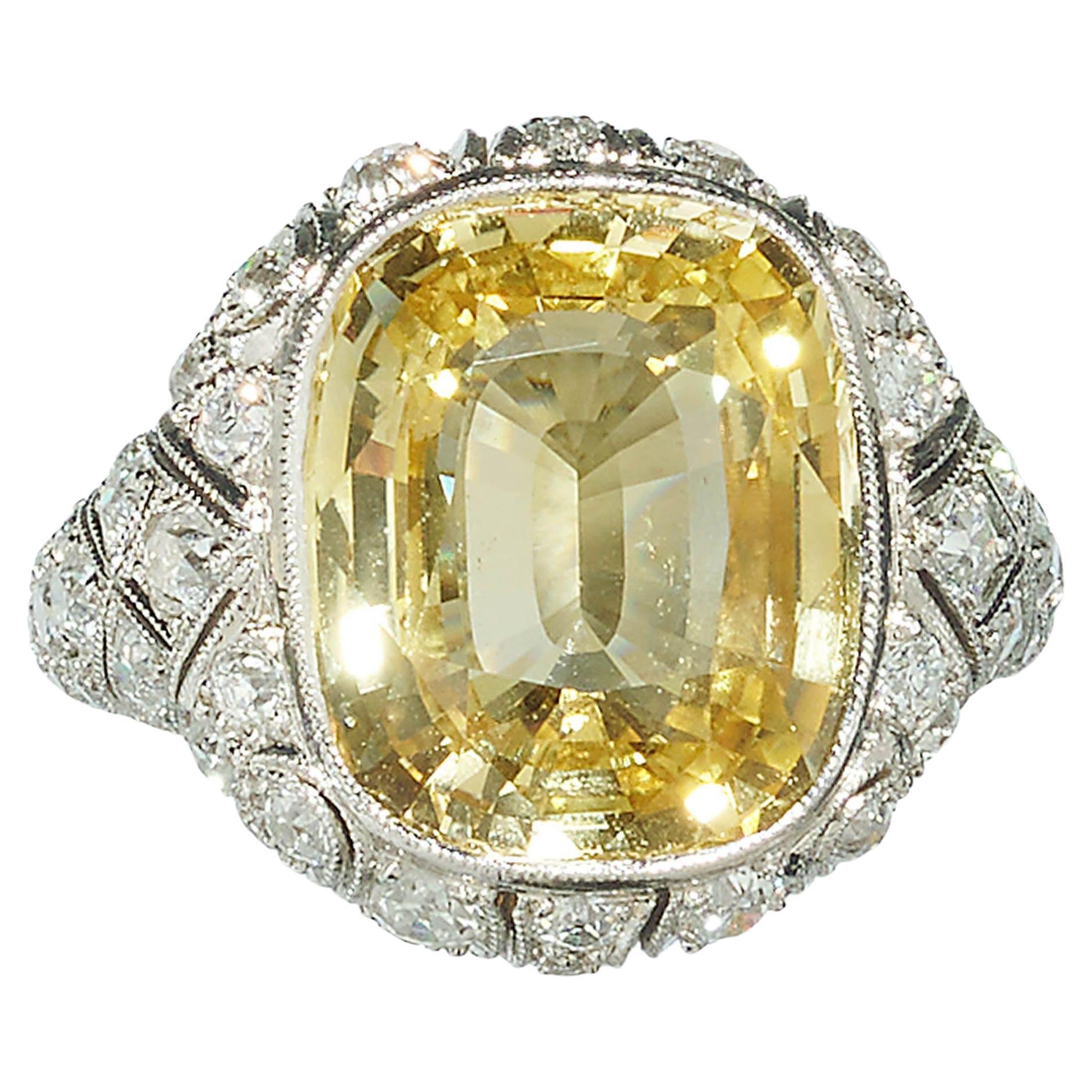 Yellow Sapphire, Diamond And Platinum Dress Ring, 13.20 Carats For Sale