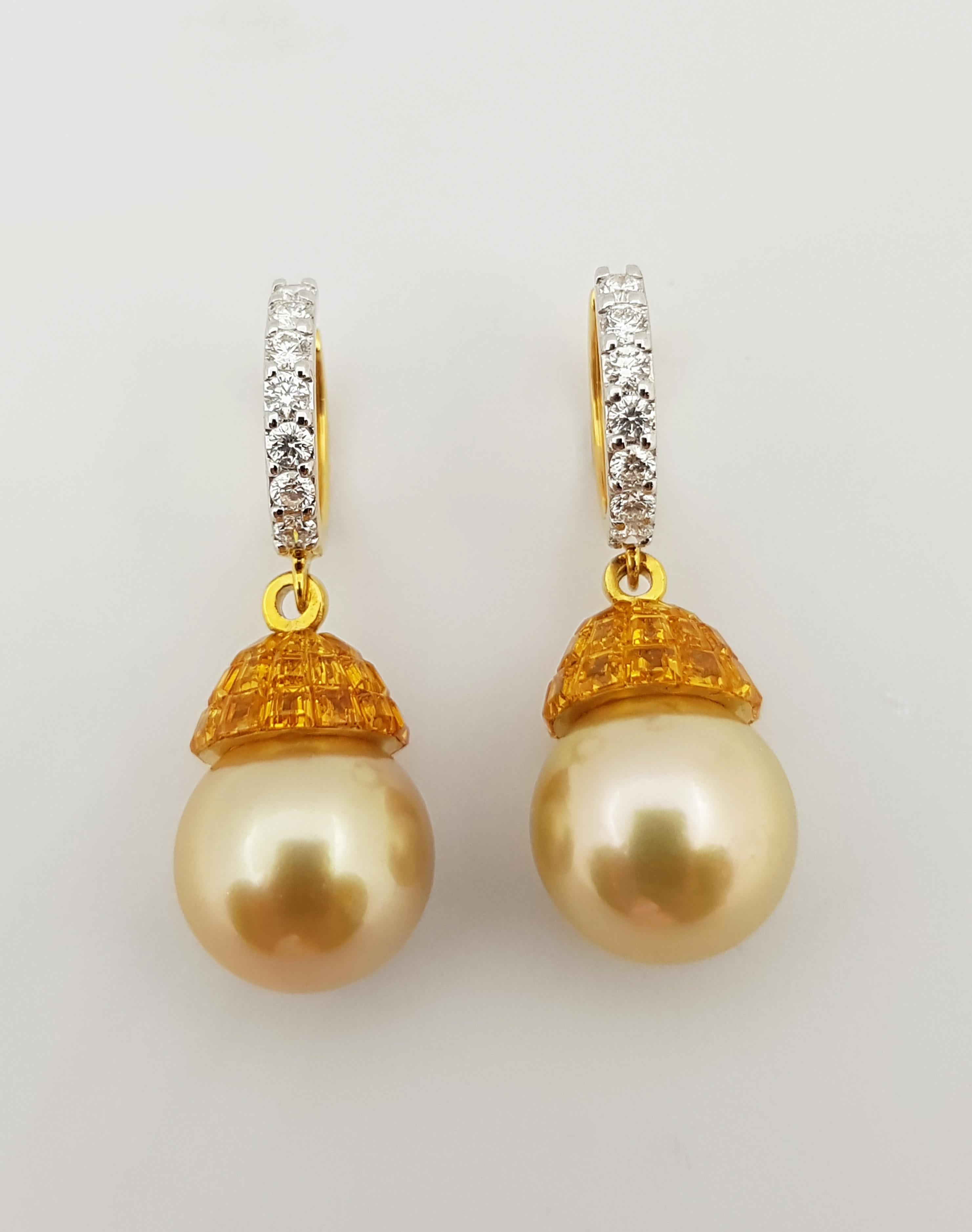 Contemporary Yellow Sapphire, Diamond and South Sea Pearl Earrings in 18 Karat Gold Settings For Sale