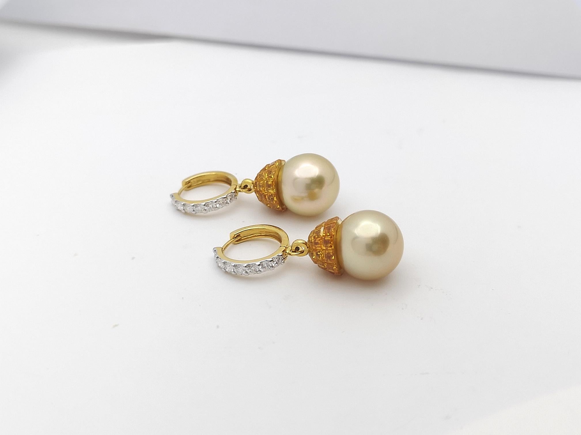 Mixed Cut Yellow Sapphire, Diamond and South Sea Pearl Earrings in 18 Karat Gold Settings For Sale