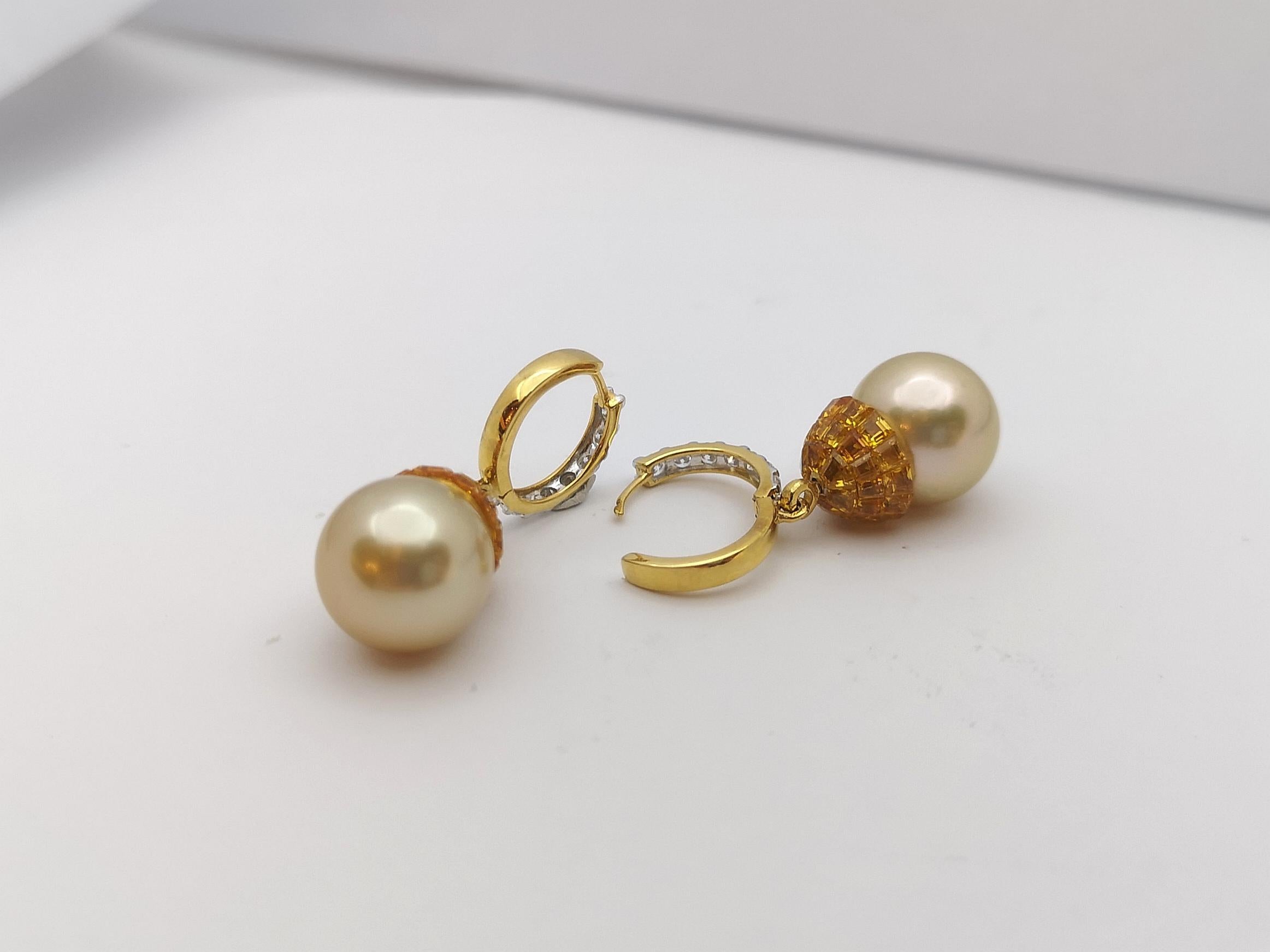 Women's Yellow Sapphire, Diamond and South Sea Pearl Earrings in 18 Karat Gold Settings For Sale
