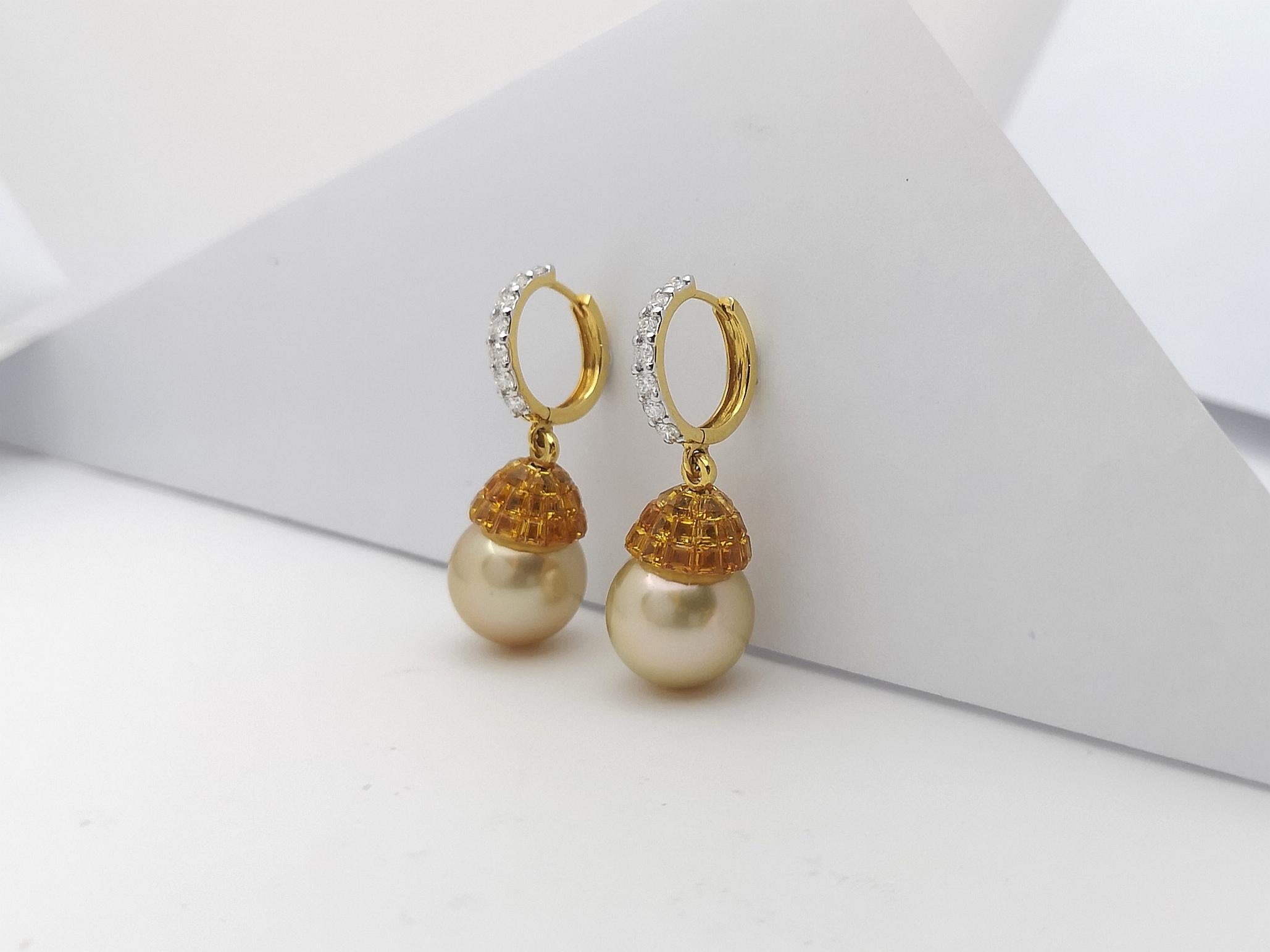 Yellow Sapphire, Diamond and South Sea Pearl Earrings in 18 Karat Gold Settings For Sale 1