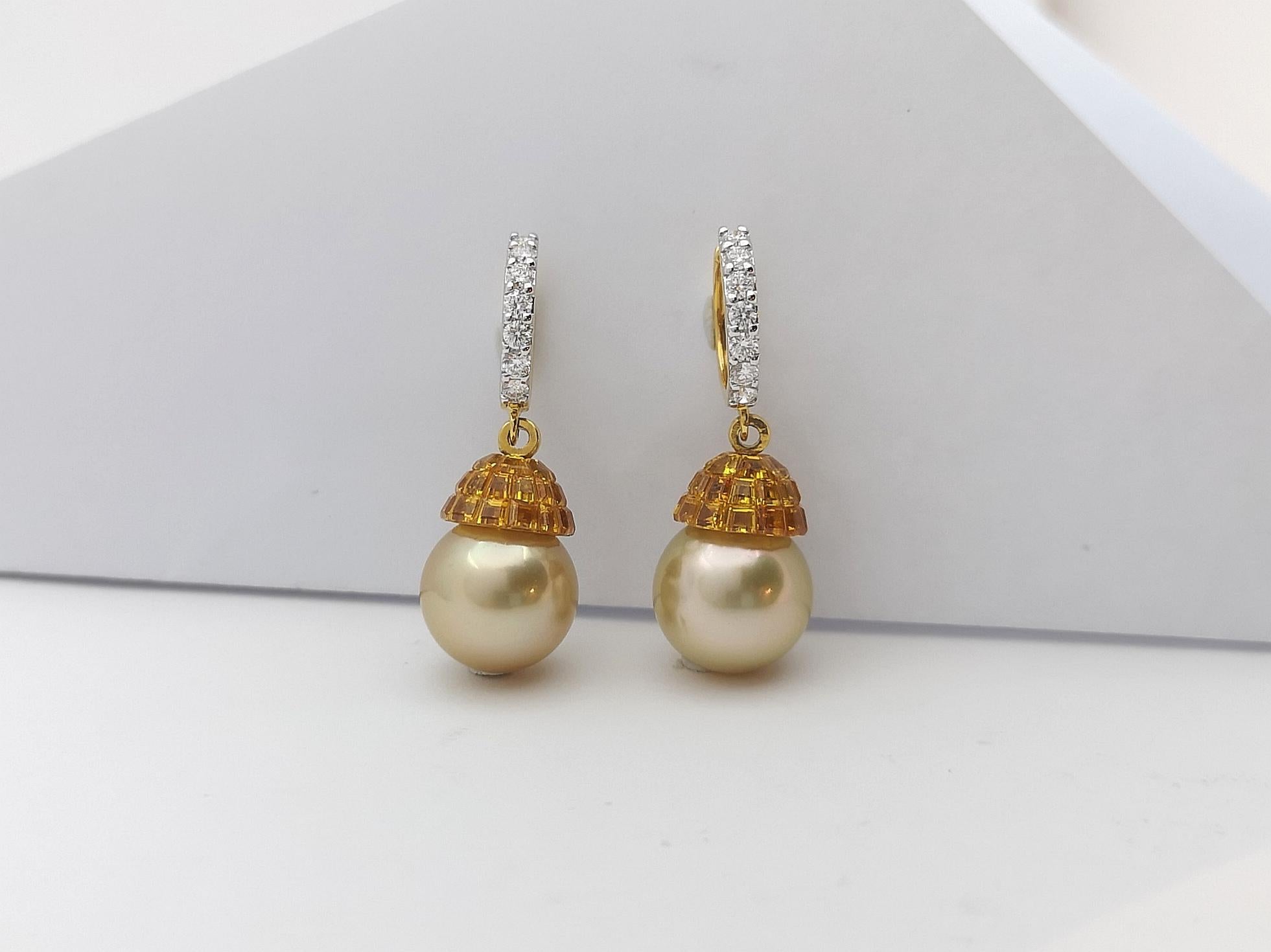 Yellow Sapphire, Diamond and South Sea Pearl Earrings in 18 Karat Gold Settings For Sale 2