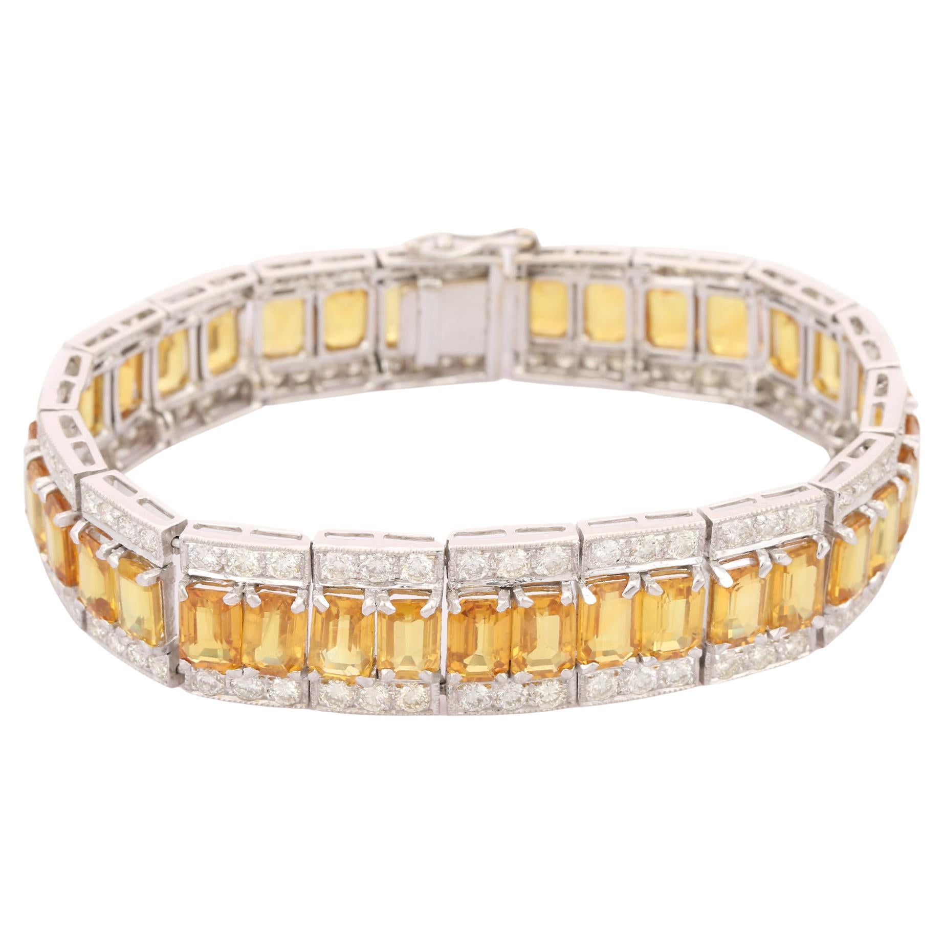 This Yellow Sapphire Diamond Tennis Bracelet in 18K gold showcases 36 endlessly sparkling natural yellow sapphire, weighing 37.87 carat and 144 pieces of diamonds weighing 5.34 carat. It measures 7 inches long in length. 
Sapphire stimulate