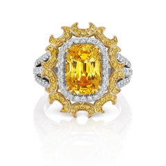 5.13ct Cushion Cut Yellow Sapphire & Diamond Ring in 18k Yellow Gold & Platinum