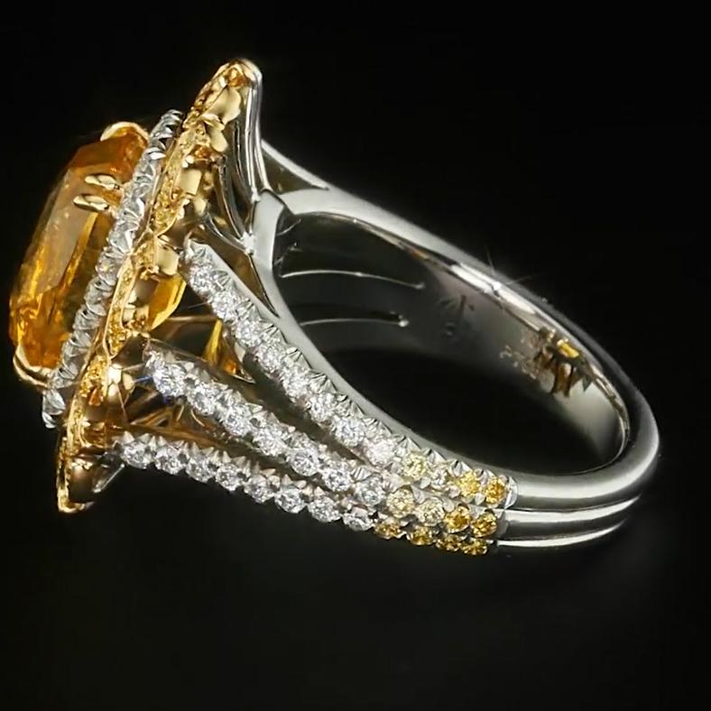 5.13ct Cushion Cut Yellow Sapphire & Diamond Ring in 18k Yellow Gold & Platinum In New Condition For Sale In Princeton, NJ