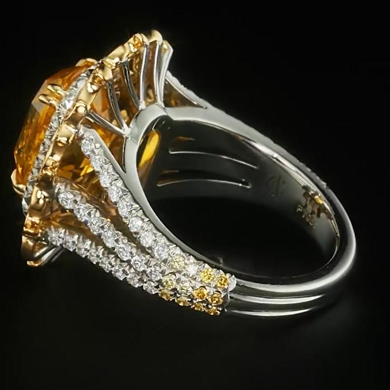 Women's 5.13ct Cushion Cut Yellow Sapphire & Diamond Ring in 18k Yellow Gold & Platinum For Sale