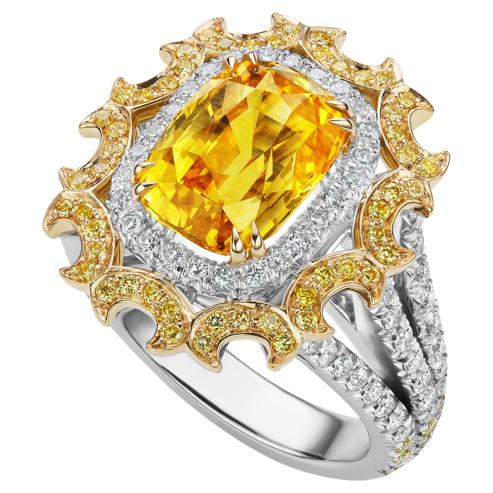 5.13ct Cushion Cut Yellow Sapphire & Diamond Ring in 18k Yellow Gold & Platinum For Sale