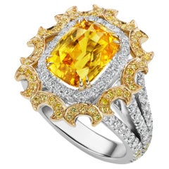 5.13ct Cushion Cut Yellow Sapphire & Diamond Ring in 18k Yellow Gold & Platinum