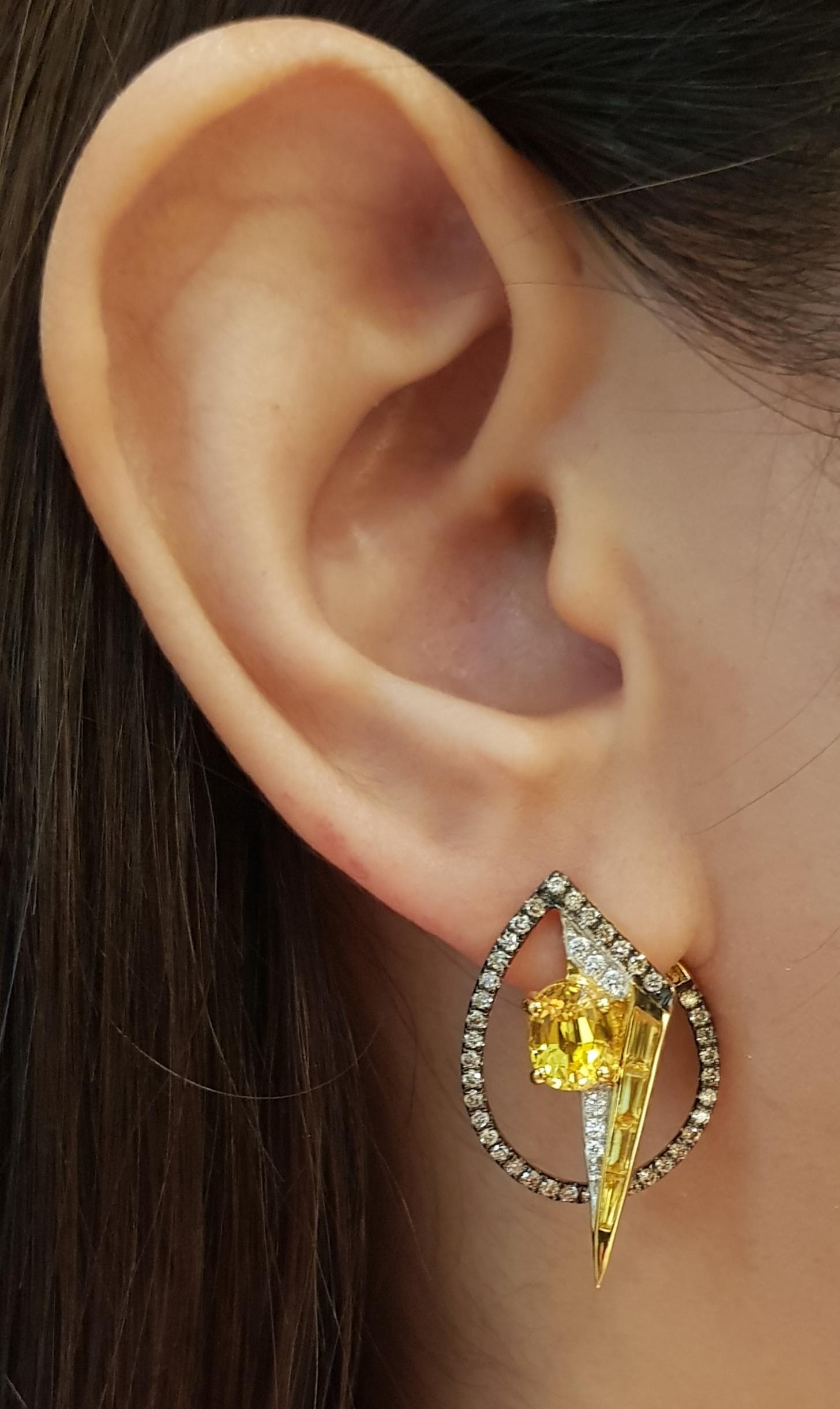 Mixed Cut Yellow Sapphire, Diamond, Brown Diamond Earrings in 18K Gold  For Sale