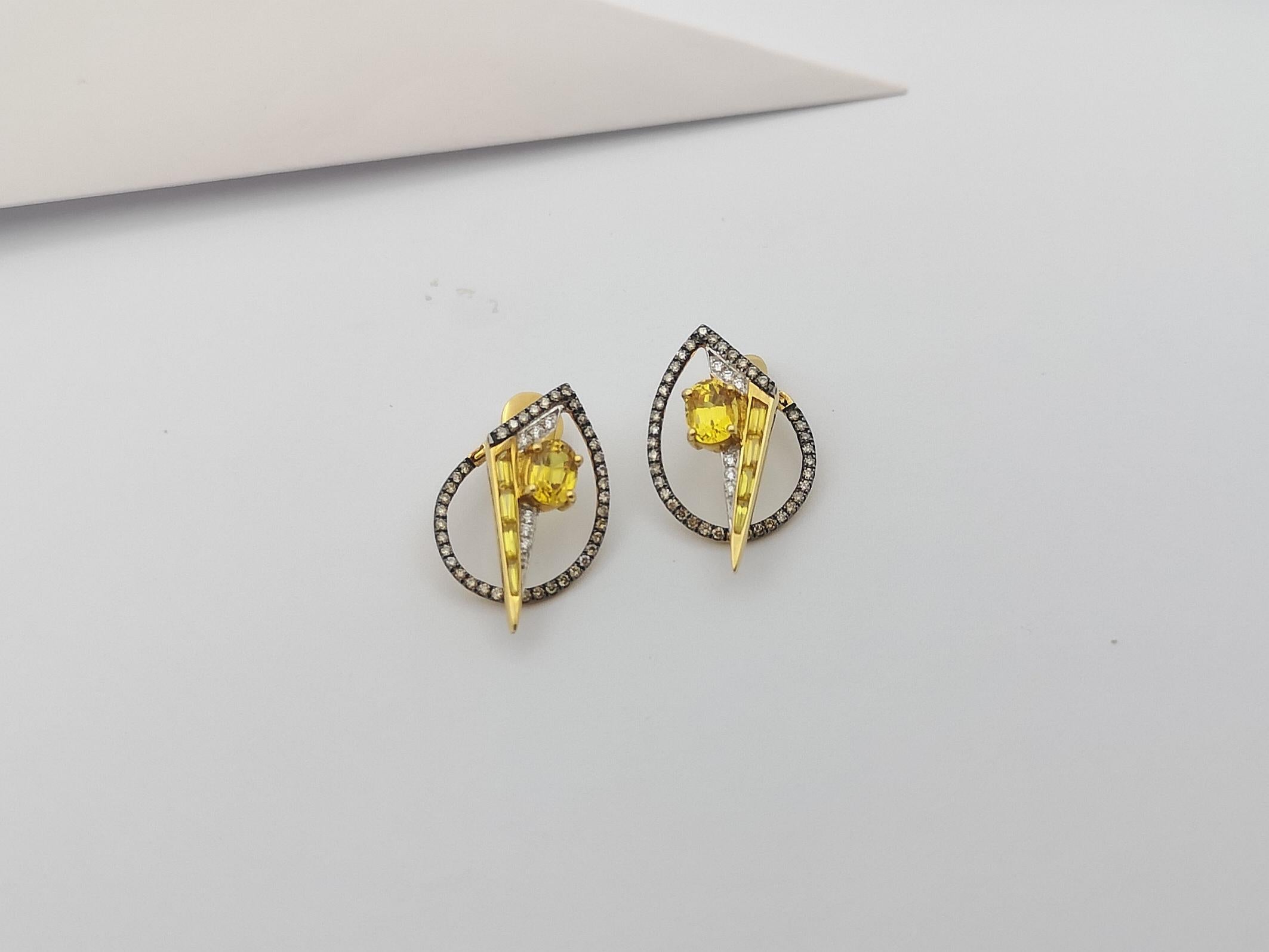 Yellow Sapphire, Diamond, Brown Diamond Earrings in 18K Gold  In New Condition For Sale In Bangkok, 10