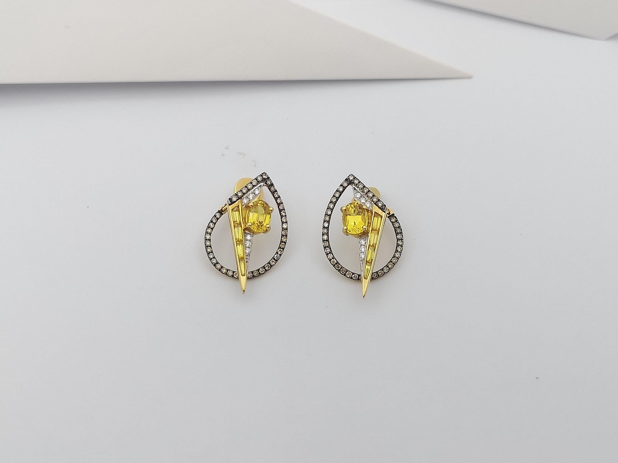 Women's Yellow Sapphire, Diamond, Brown Diamond Earrings in 18K Gold  For Sale