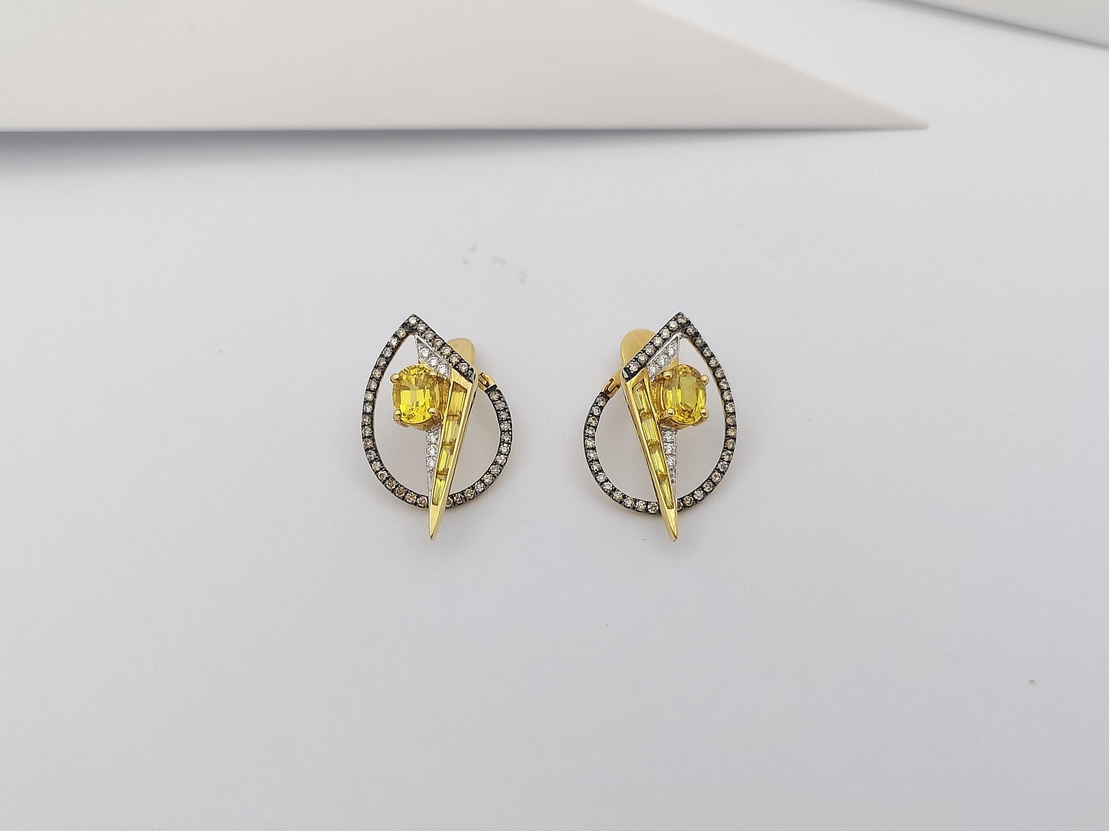 Yellow Sapphire, Diamond, Brown Diamond Earrings in 18K Gold  For Sale 1