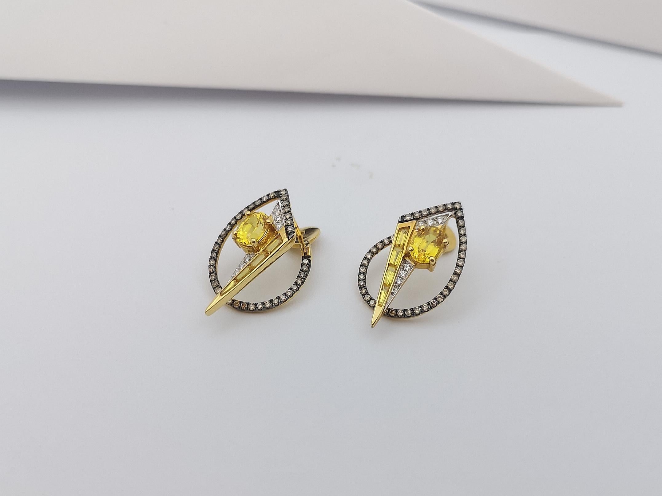 Yellow Sapphire, Diamond, Brown Diamond Earrings in 18K Gold  For Sale 2