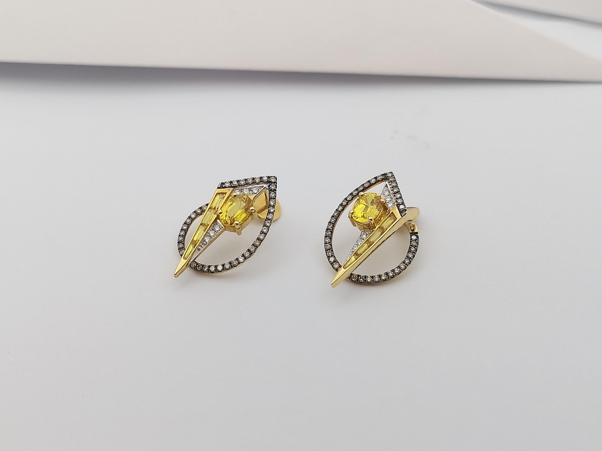 Yellow Sapphire, Diamond, Brown Diamond Earrings in 18K Gold  For Sale 3