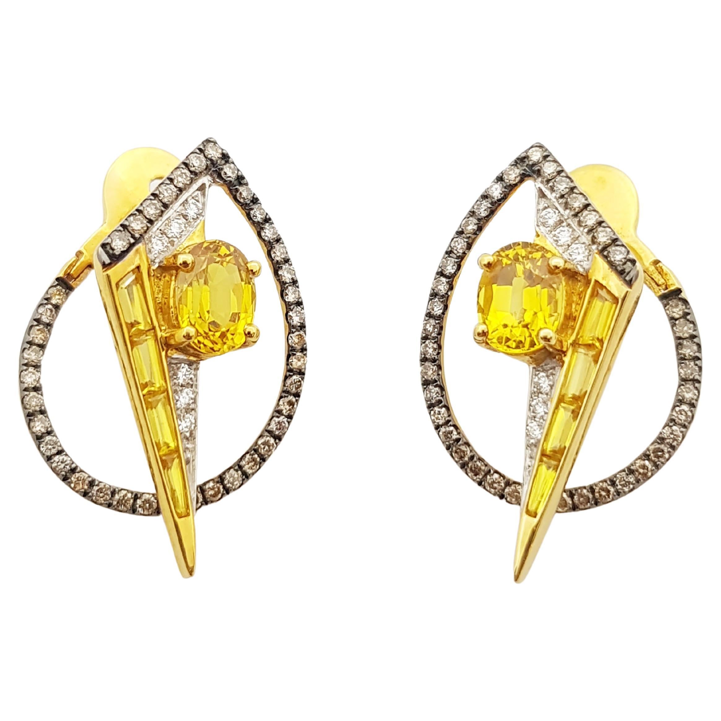 Yellow Sapphire, Diamond, Brown Diamond Earrings in 18K Gold  For Sale