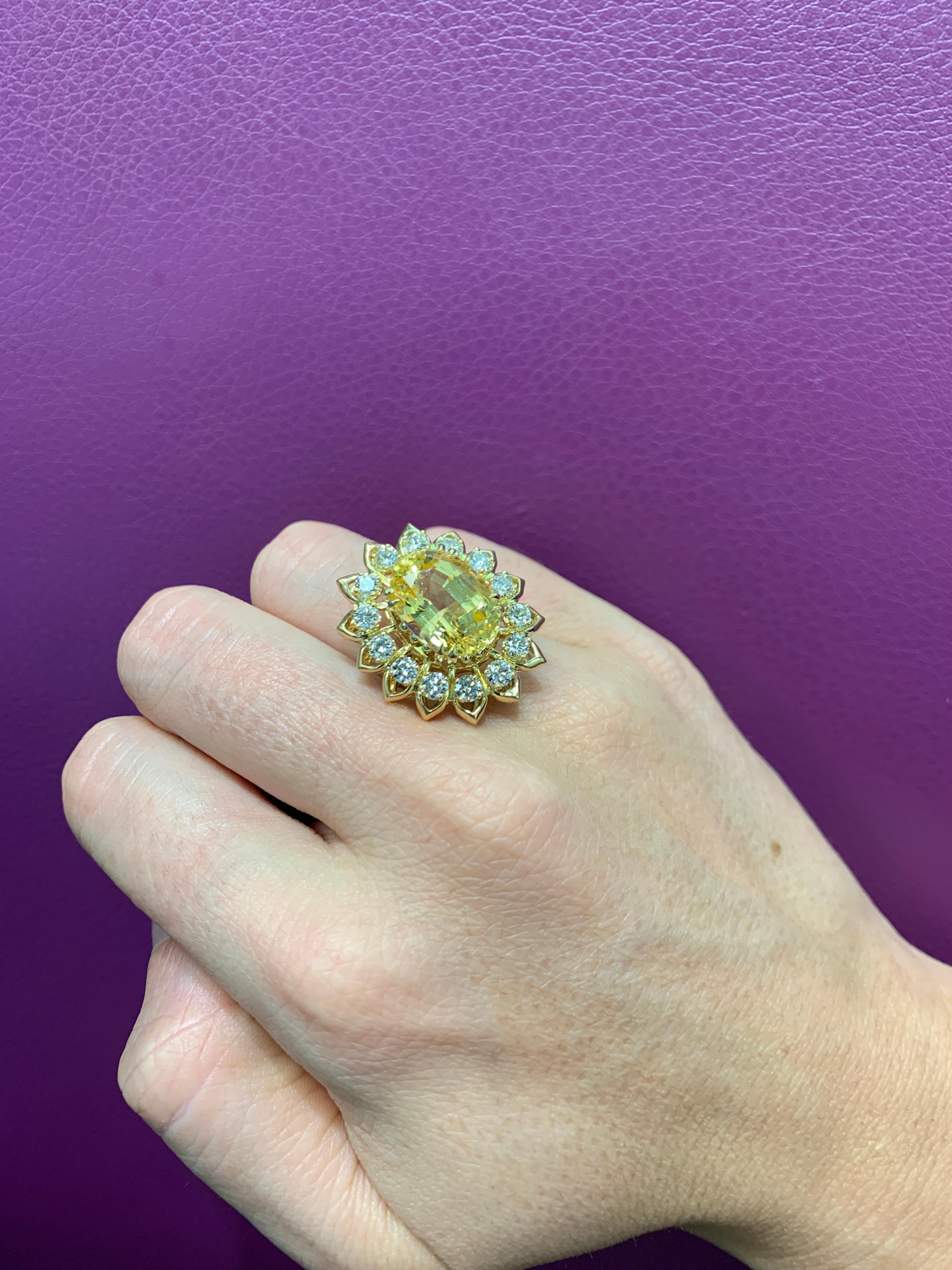 Oval Cut Yellow Sapphire & Diamond Flower Cocktail Ring For Sale