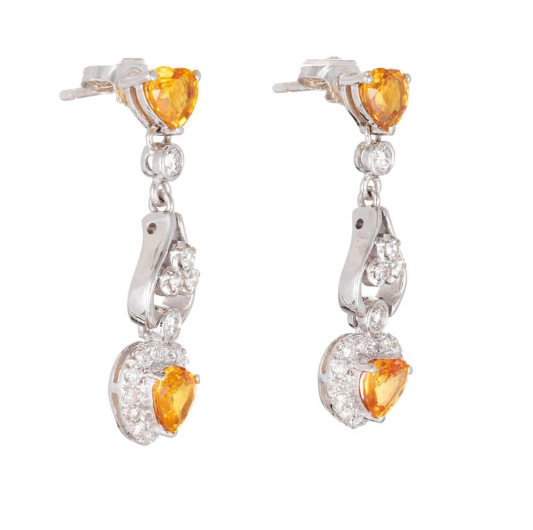 1.53 Carat Yellow Heart Shape Sapphire Diamond Gold Dangle Earrings For ...