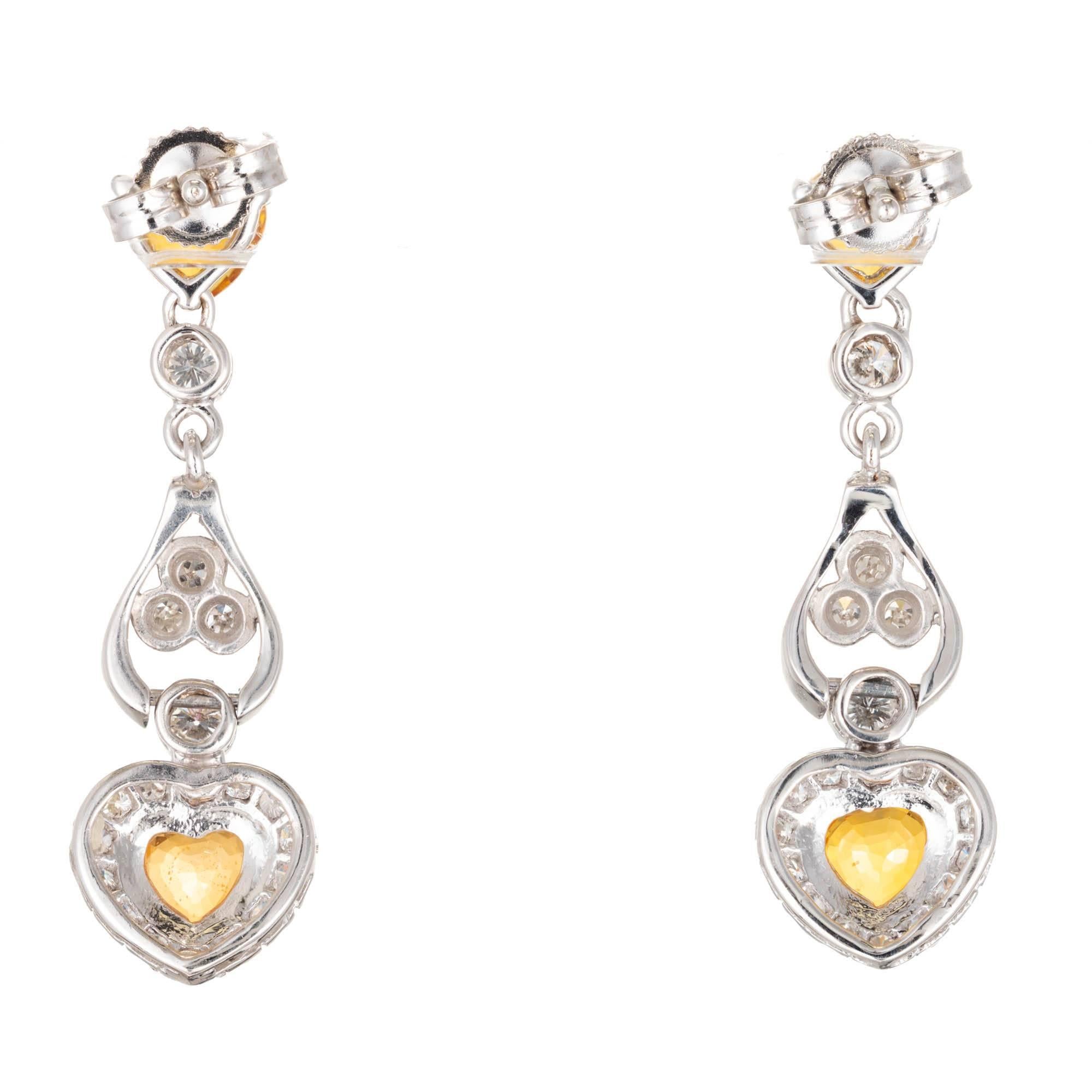 Round Cut 1.53 Carat Yellow Heart Shape Sapphire Diamond Gold Dangle Earrings For Sale
