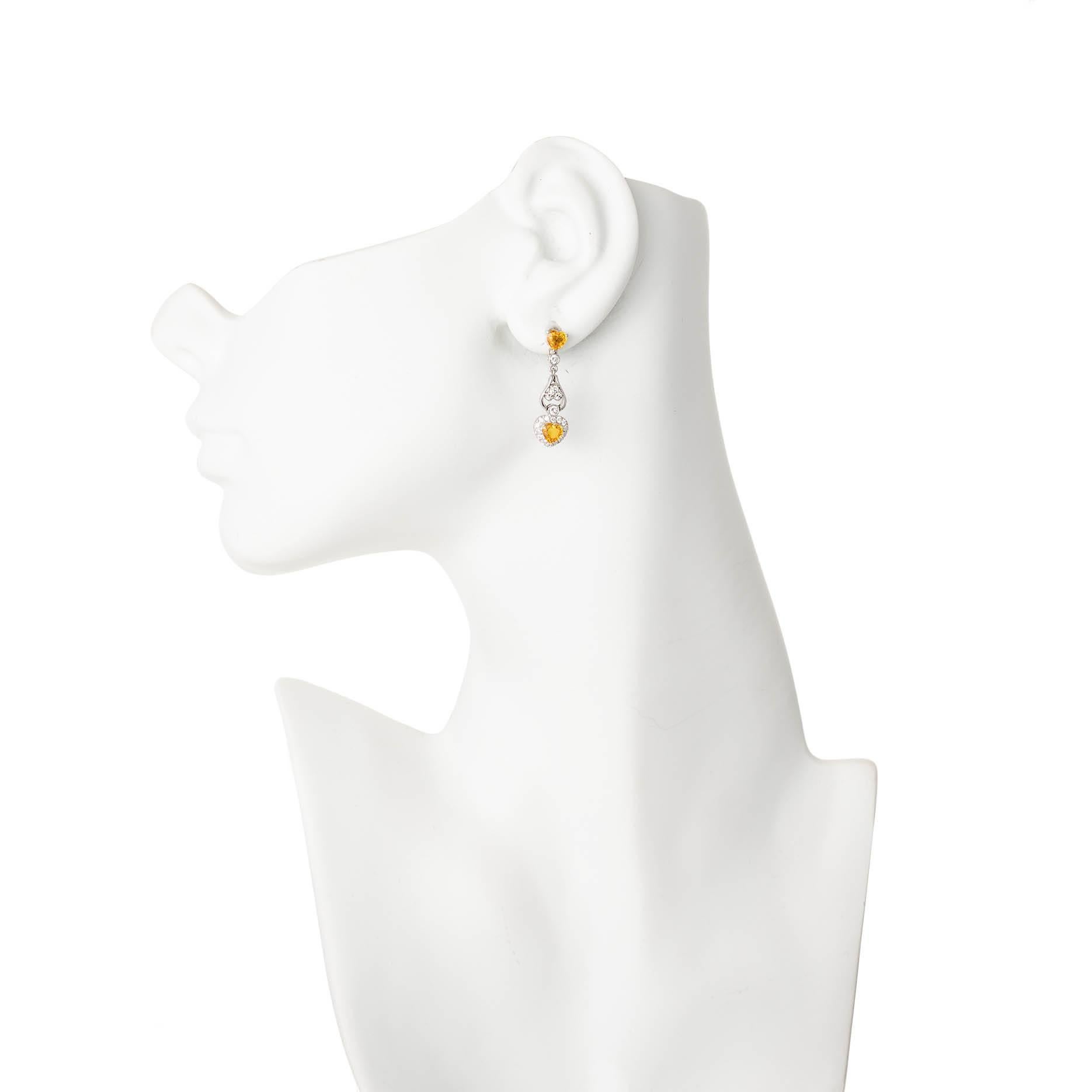 Women's 1.53 Carat Yellow Heart Shape Sapphire Diamond Gold Dangle Earrings For Sale