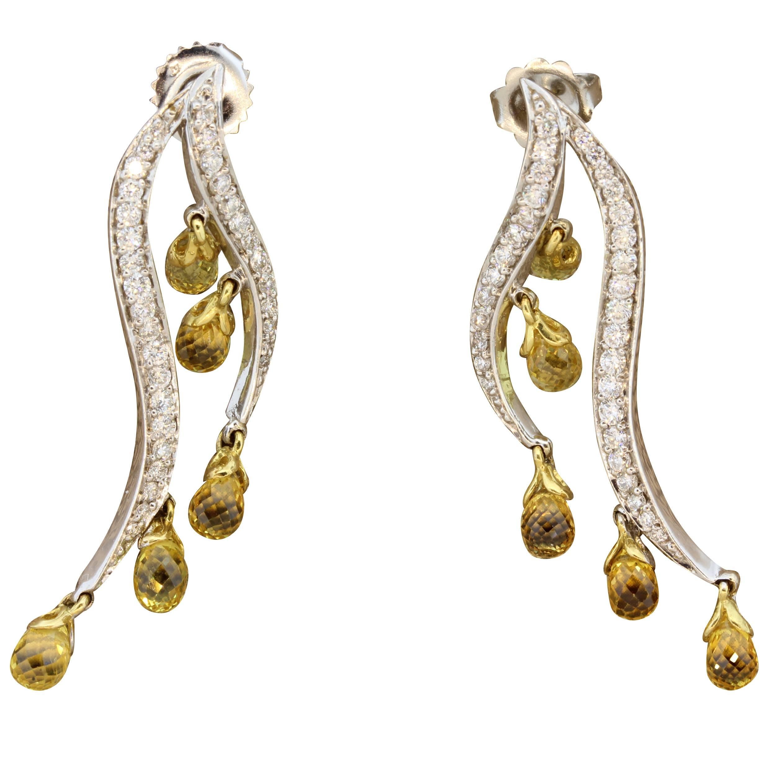 Yellow Sapphire Diamond Gold Dangle Earrings 