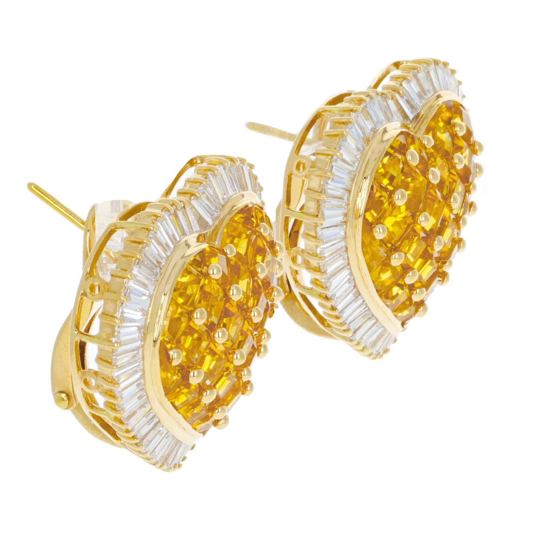 Tapered Baguette Yellow Sapphire Diamond Heart Shape Lever-Back Stud Earrings For Sale