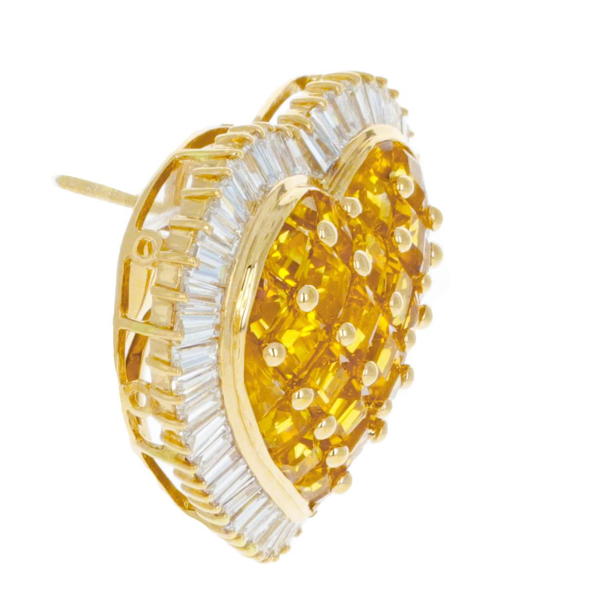 Yellow Sapphire Diamond Heart Shape Lever-Back Stud Earrings In Excellent Condition For Sale In Beverly Hills, CA