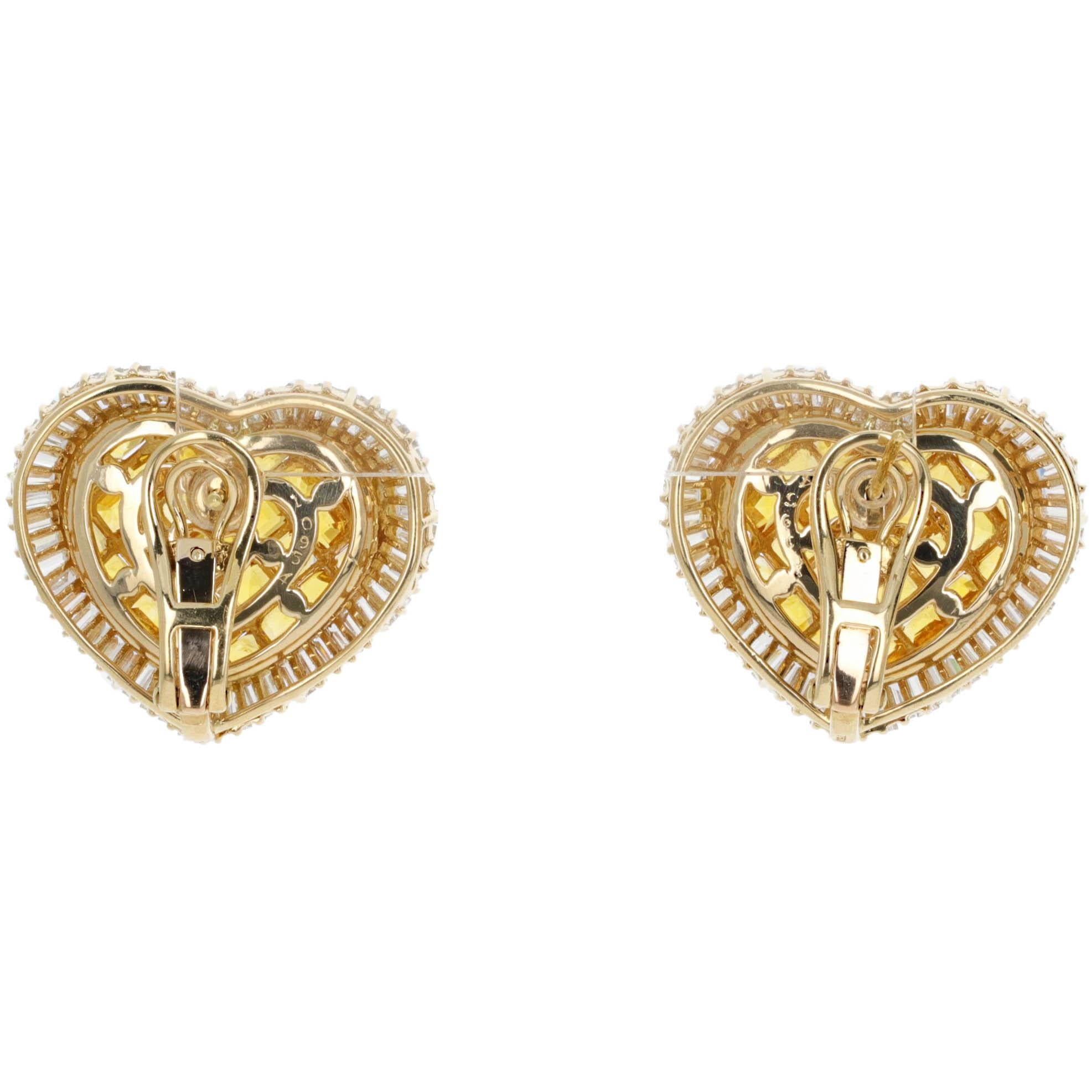 Women's Yellow Sapphire Diamond Heart Shape Lever-Back Stud Earrings For Sale