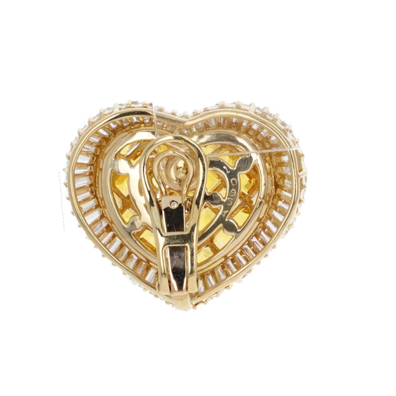 Yellow Sapphire Diamond Heart Shape Lever-Back Stud Earrings For Sale 1