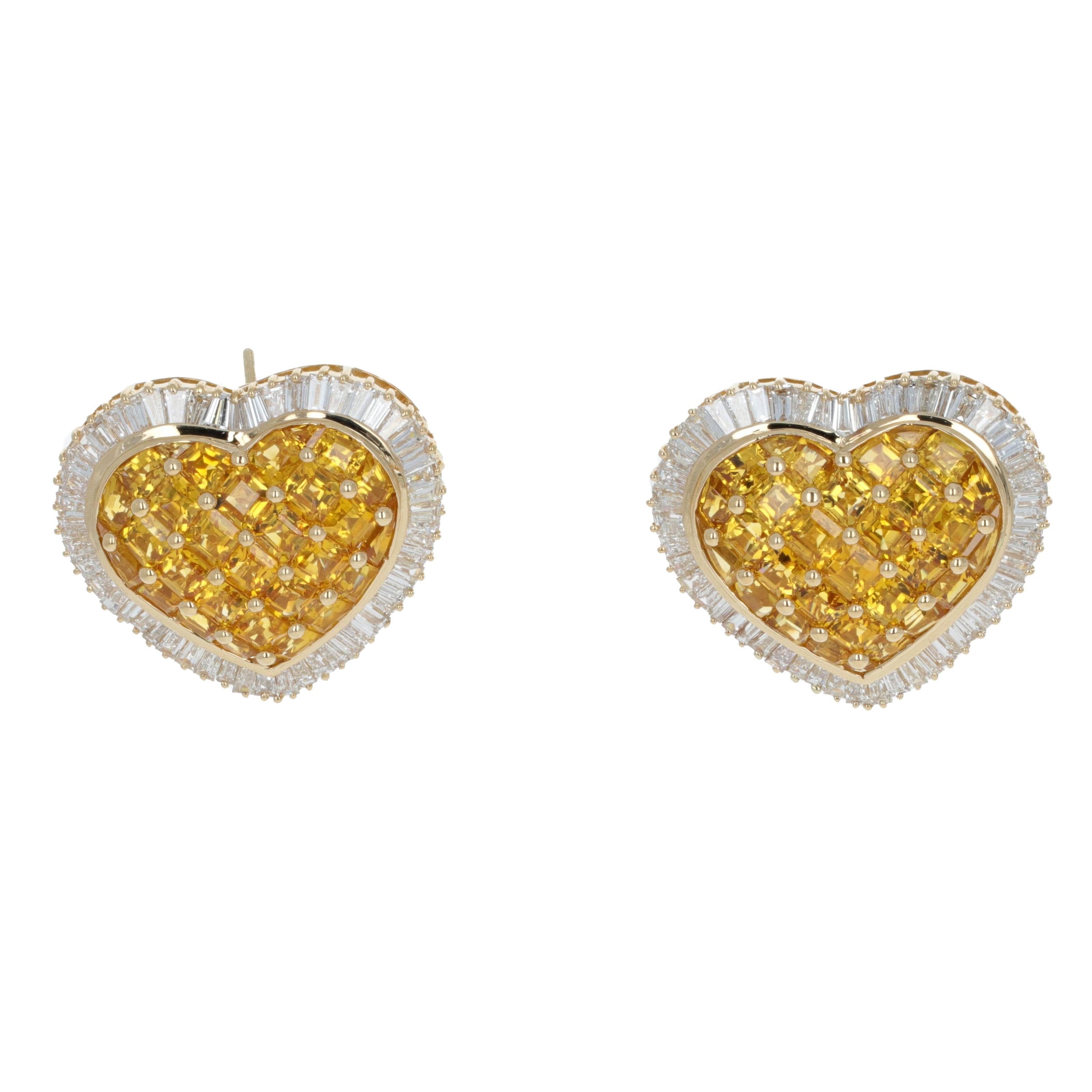 Yellow Sapphire Diamond Heart Shape Lever-Back Stud Earrings For Sale 3