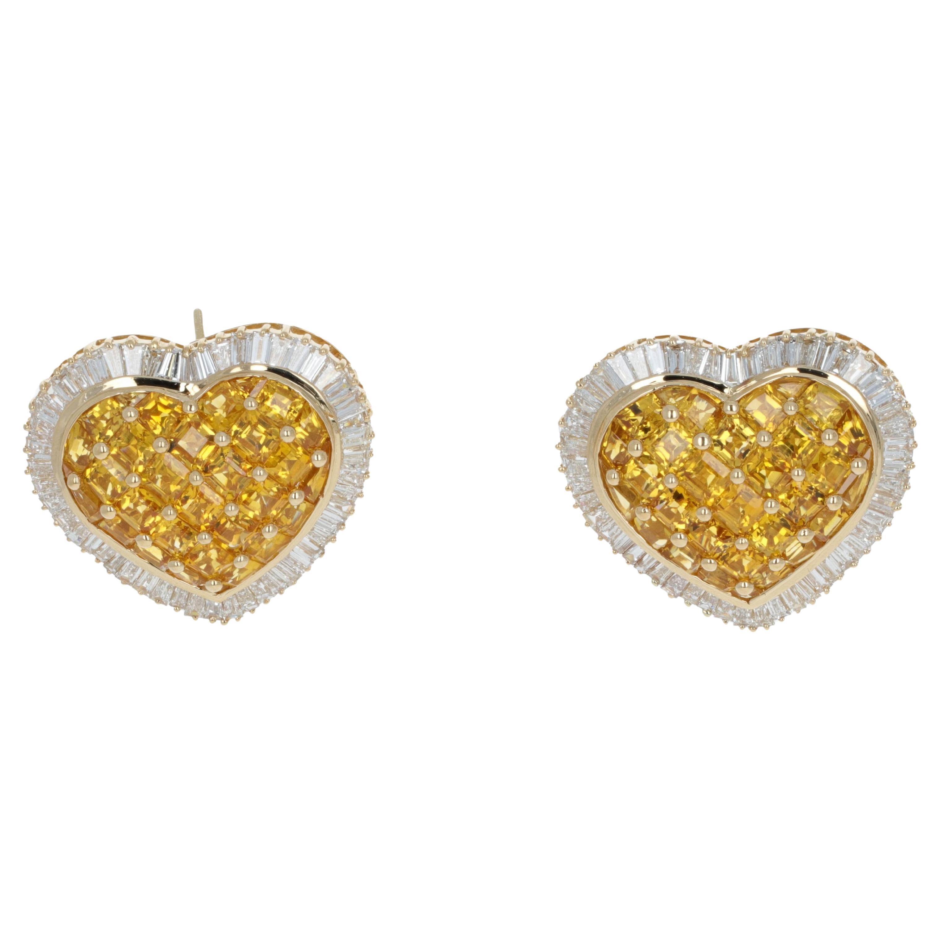 Yellow Sapphire Diamond Heart Shape Lever-Back Stud Earrings For Sale