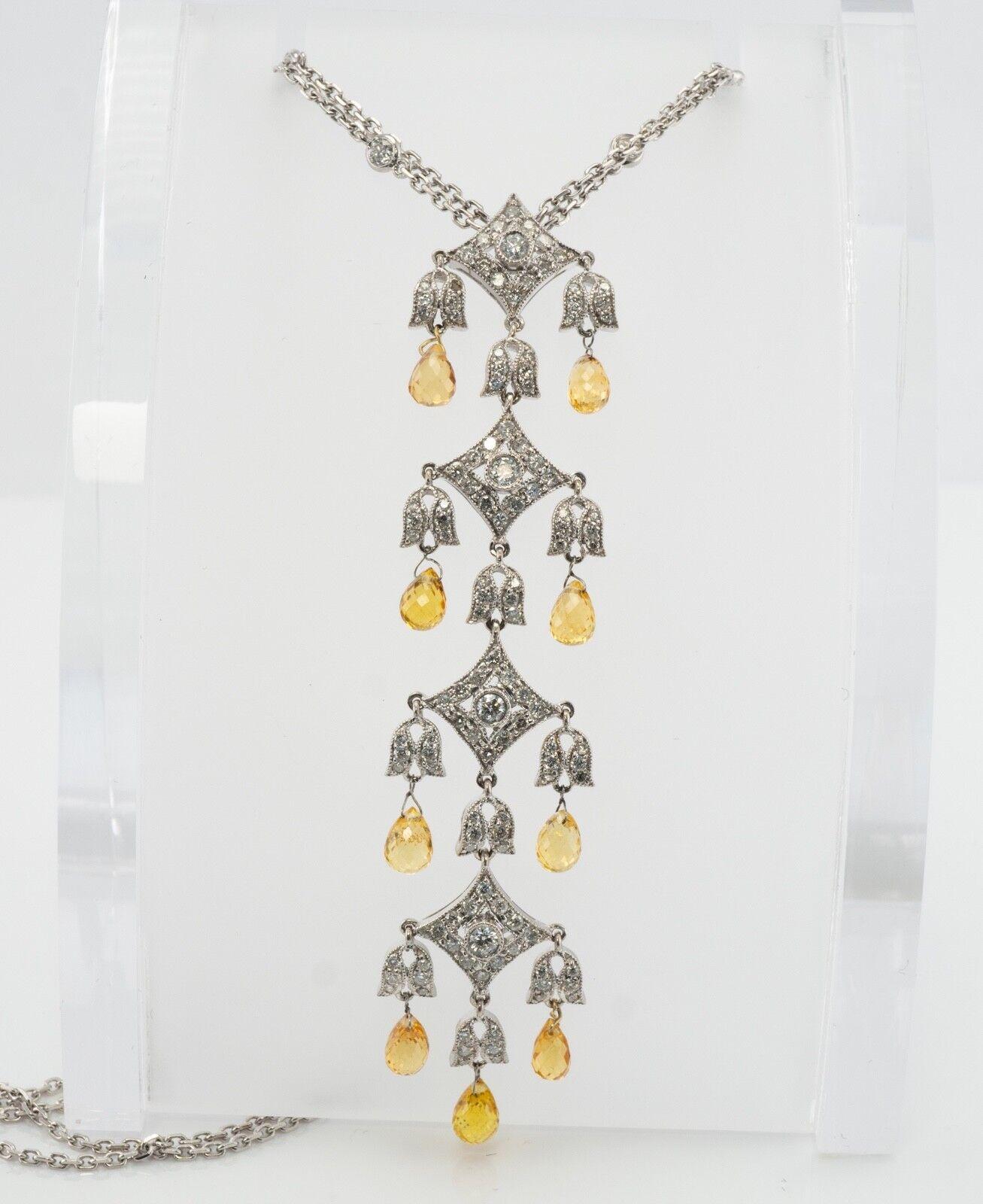 Briolette Cut Yellow Sapphire Diamond Necklace Pendant 18K White Gold 1.85 TDW For Sale