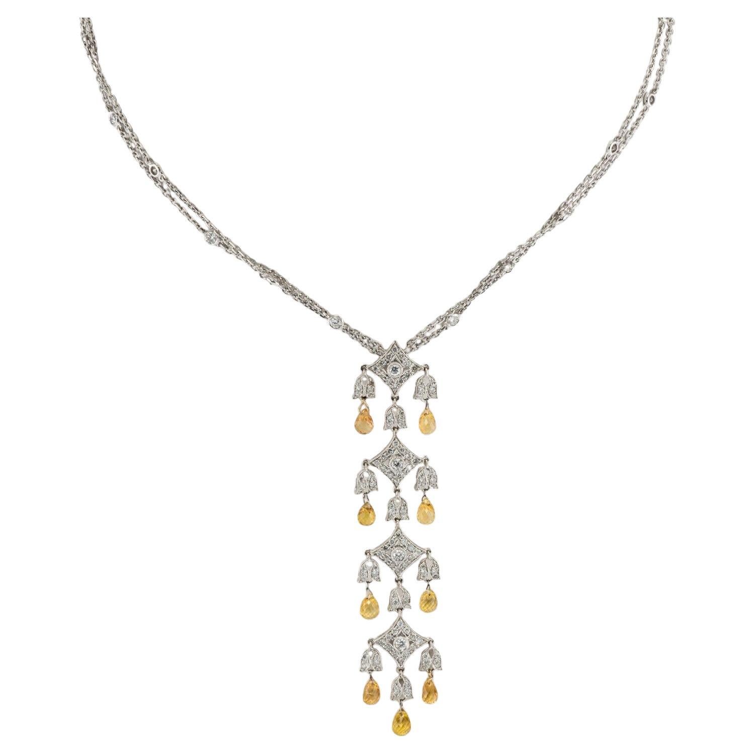 Collier pendentif en or blanc 18 carats avec saphir jaune et diamants de 1,85 carat poids total
