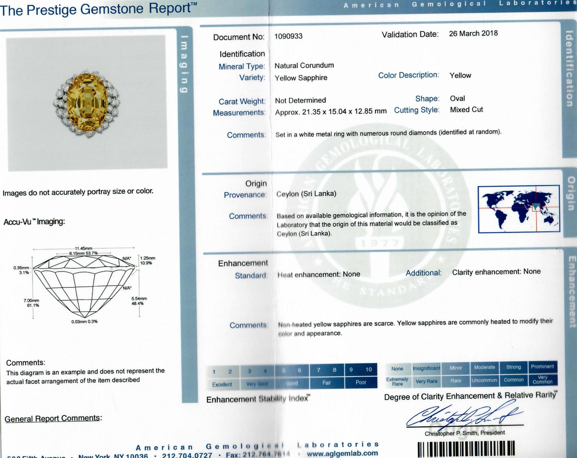 Yellow Sapphire Diamond Platinum Ring, AGL Certified 3