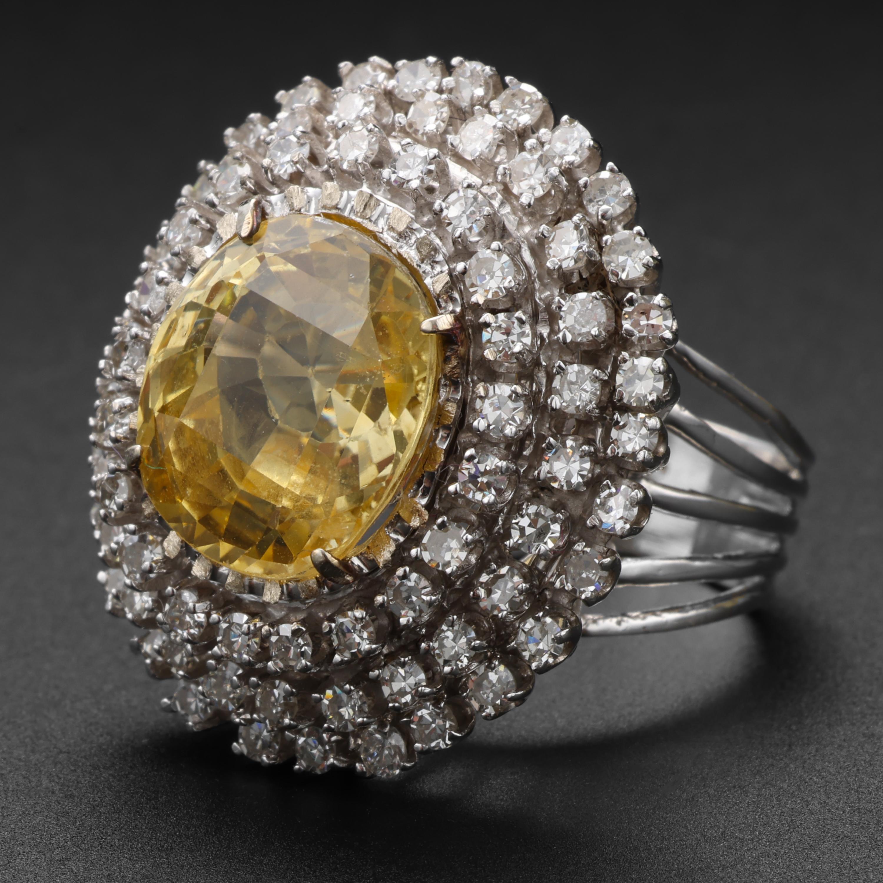 Oval Cut Yellow Sapphire & Diamond Ring Retro GIA Certified No-Heat 12.5 Carats For Sale