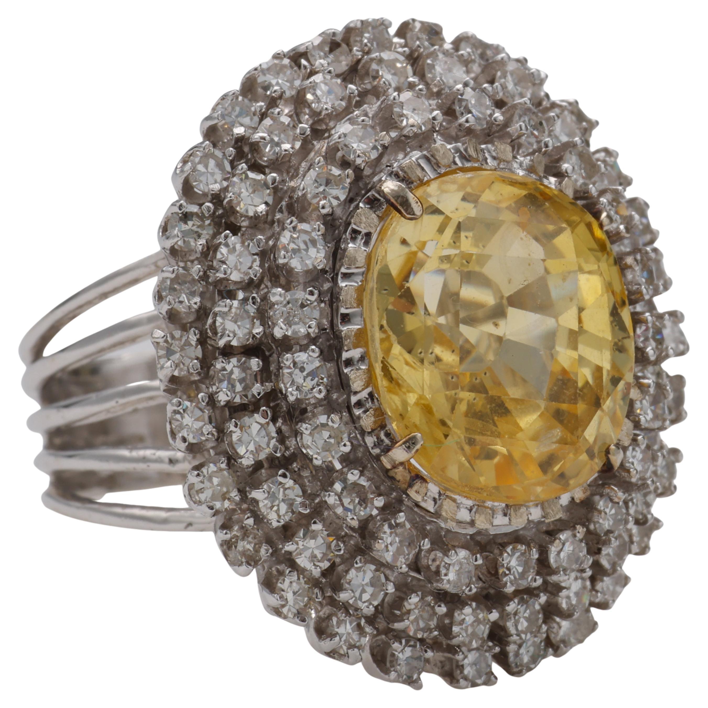 Yellow Sapphire & Diamond Ring Retro GIA Certified No-Heat 12.5 Carats For Sale