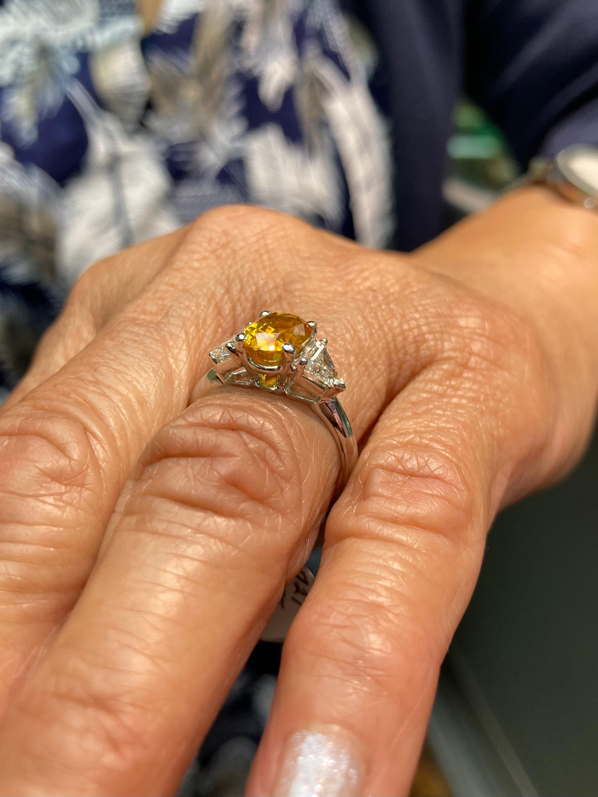 Contemporary Yellow Sapphire Diamond Three-Stone Platinum Ring