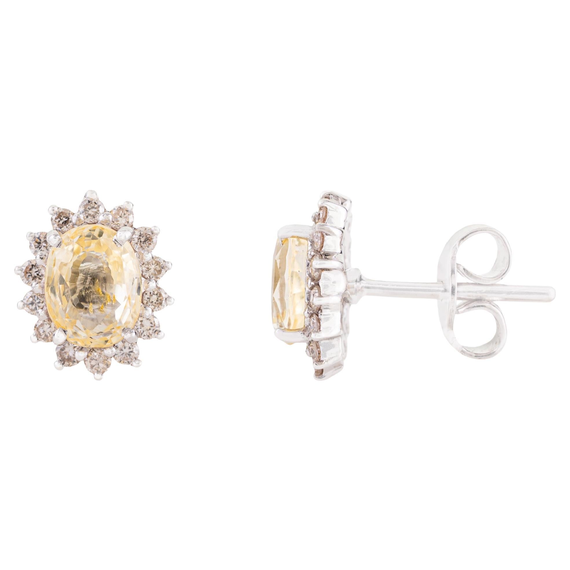 Yellow Sapphire & Diamond Vintage Halo Stud Earrings 2.04 Carat 14K White Gold For Sale