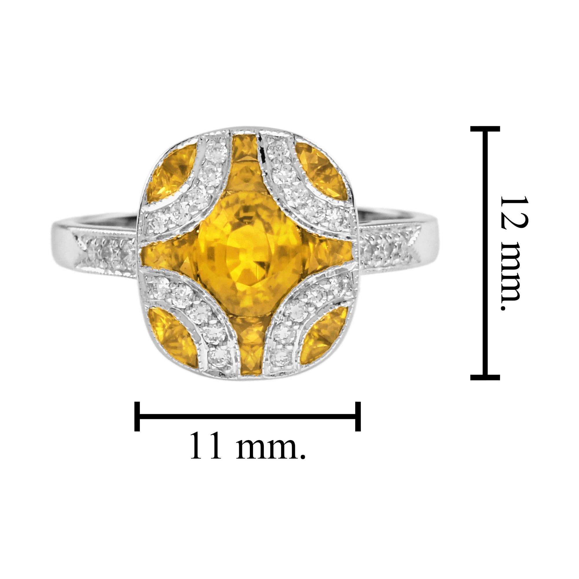 Zafiro Amarillo y Diamante Anillo de Oro Blanco Estilo Art Decó de Inspiración Vintage en venta 1