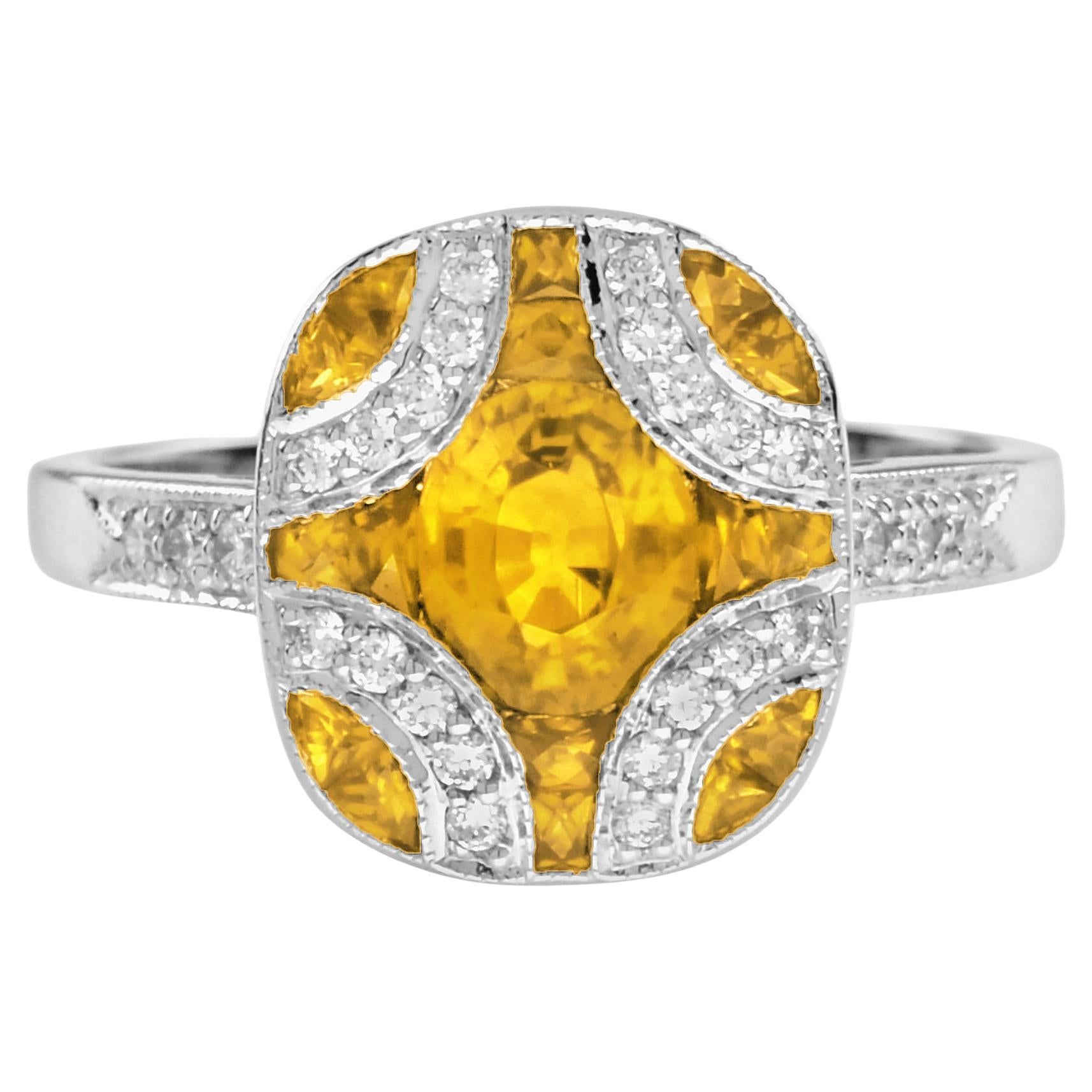 Zafiro Amarillo y Diamante Anillo de Oro Blanco Estilo Art Decó de Inspiración Vintage