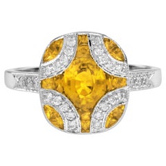 Yellow Sapphire & Diamond Vintage Inspired Art Deco Style White Gold Ring