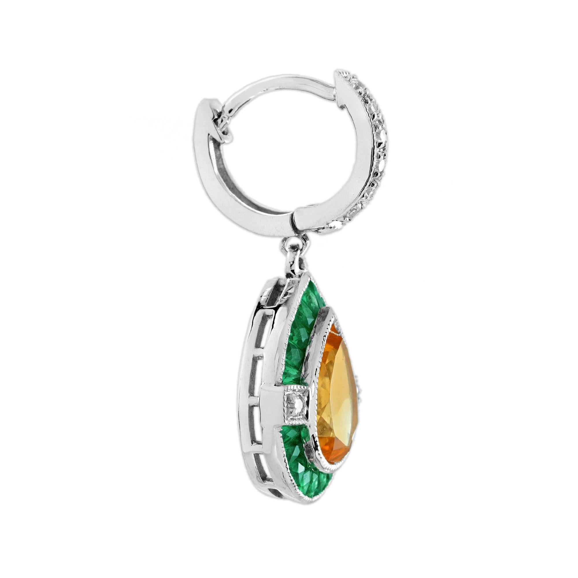 Saphir jaune Émeraude et diamant  Boucles d'oreilles Cliff de style Art Déco en or 18 carats Pour femmes en vente