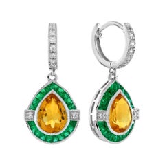 Zaffiro giallo, smeraldo e diamante  Orecchini a cliff in stile Art Déco in oro 18 carati
