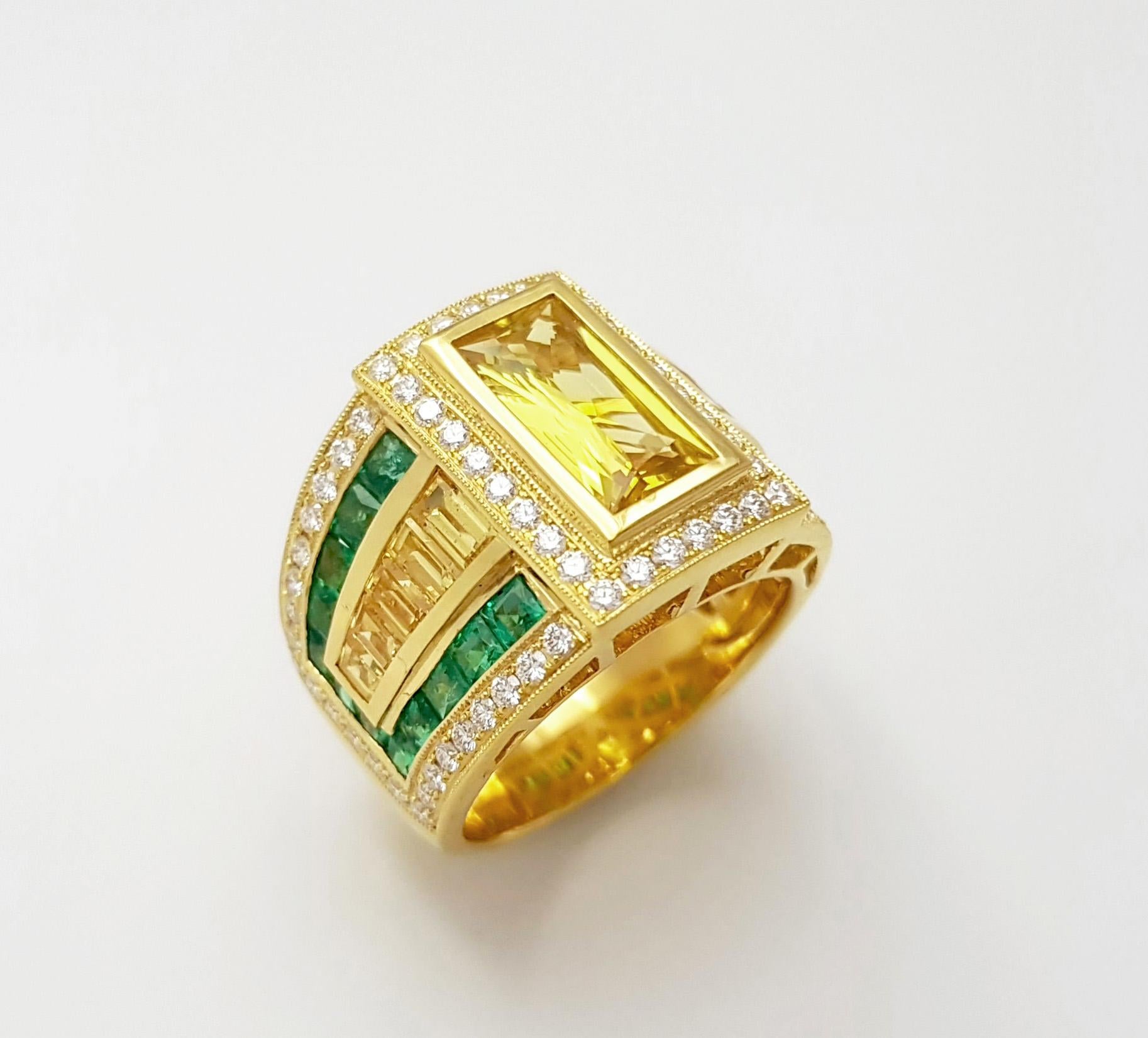 Ring mit gelbem Saphir, Smaragd und Diamant in 18 Karat Goldfassungen gefasst im Angebot 6
