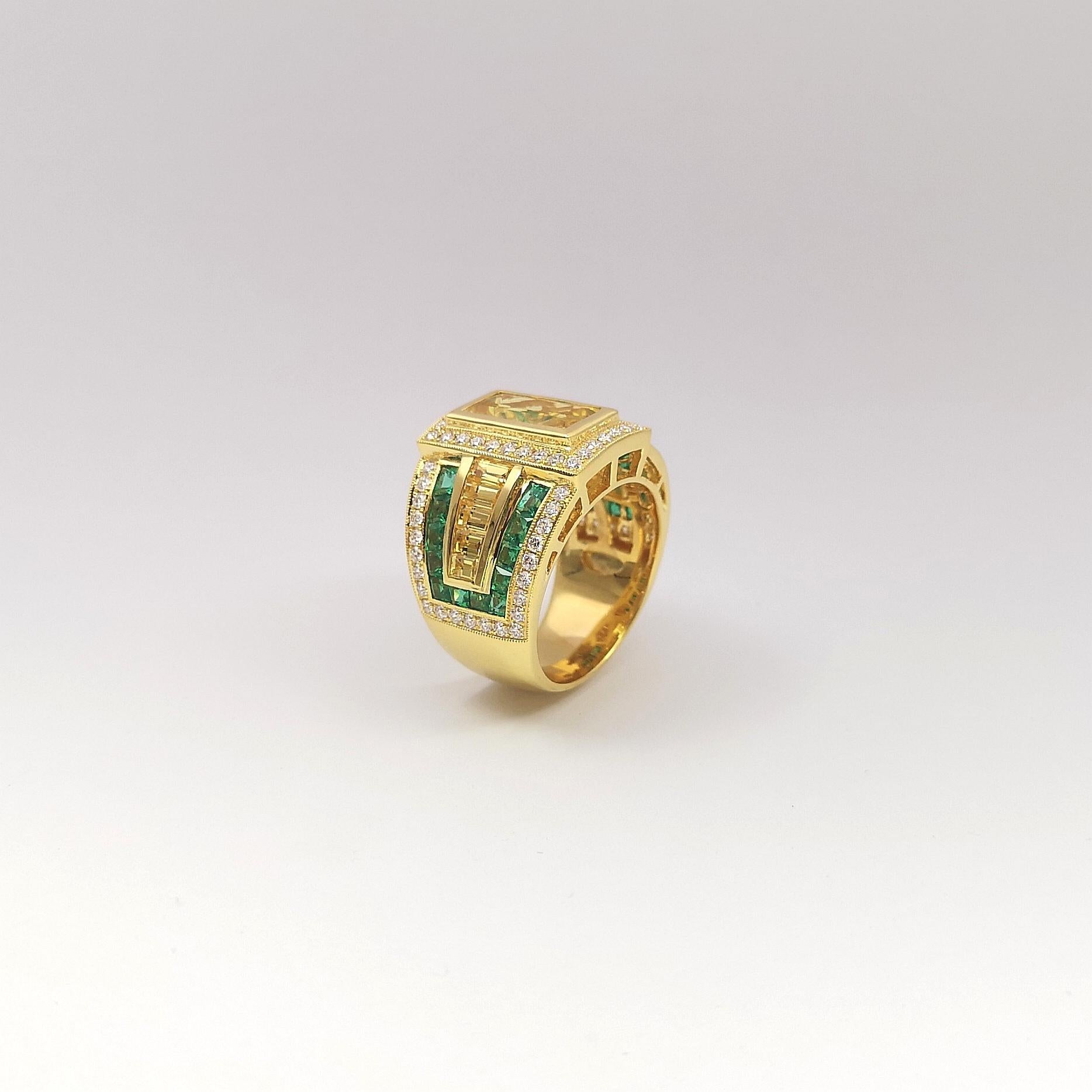 Ring mit gelbem Saphir, Smaragd und Diamant in 18 Karat Goldfassungen gefasst im Angebot 7