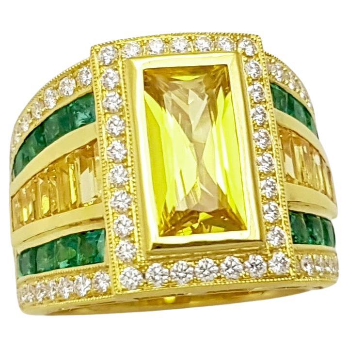 Yellow Sapphire, Emerald and Diamond Ring set in 18K Gold Settings