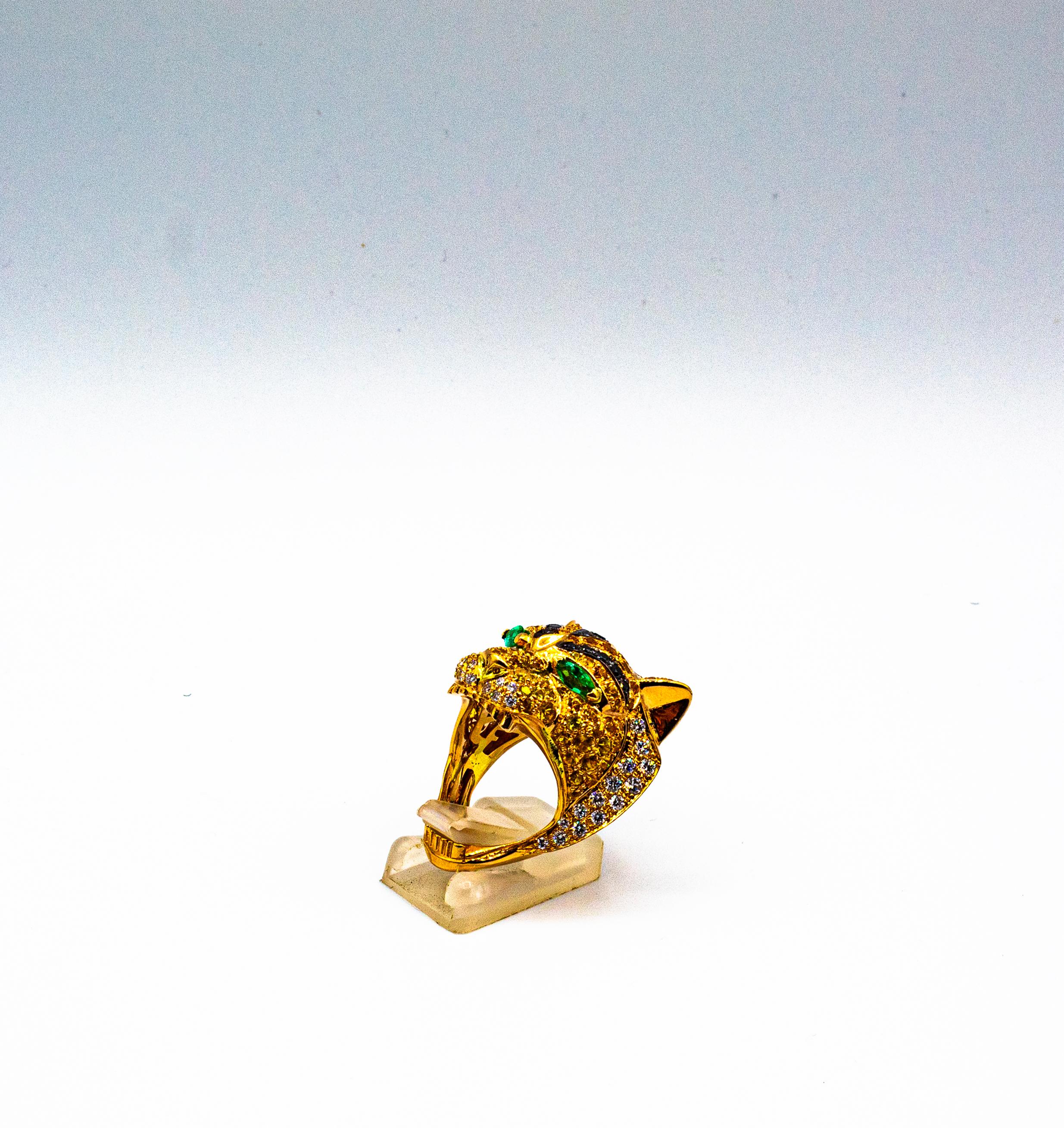Yellow Sapphire Emerald Black & White Diamond Yellow Gold Tiger Ring Necklace For Sale 4